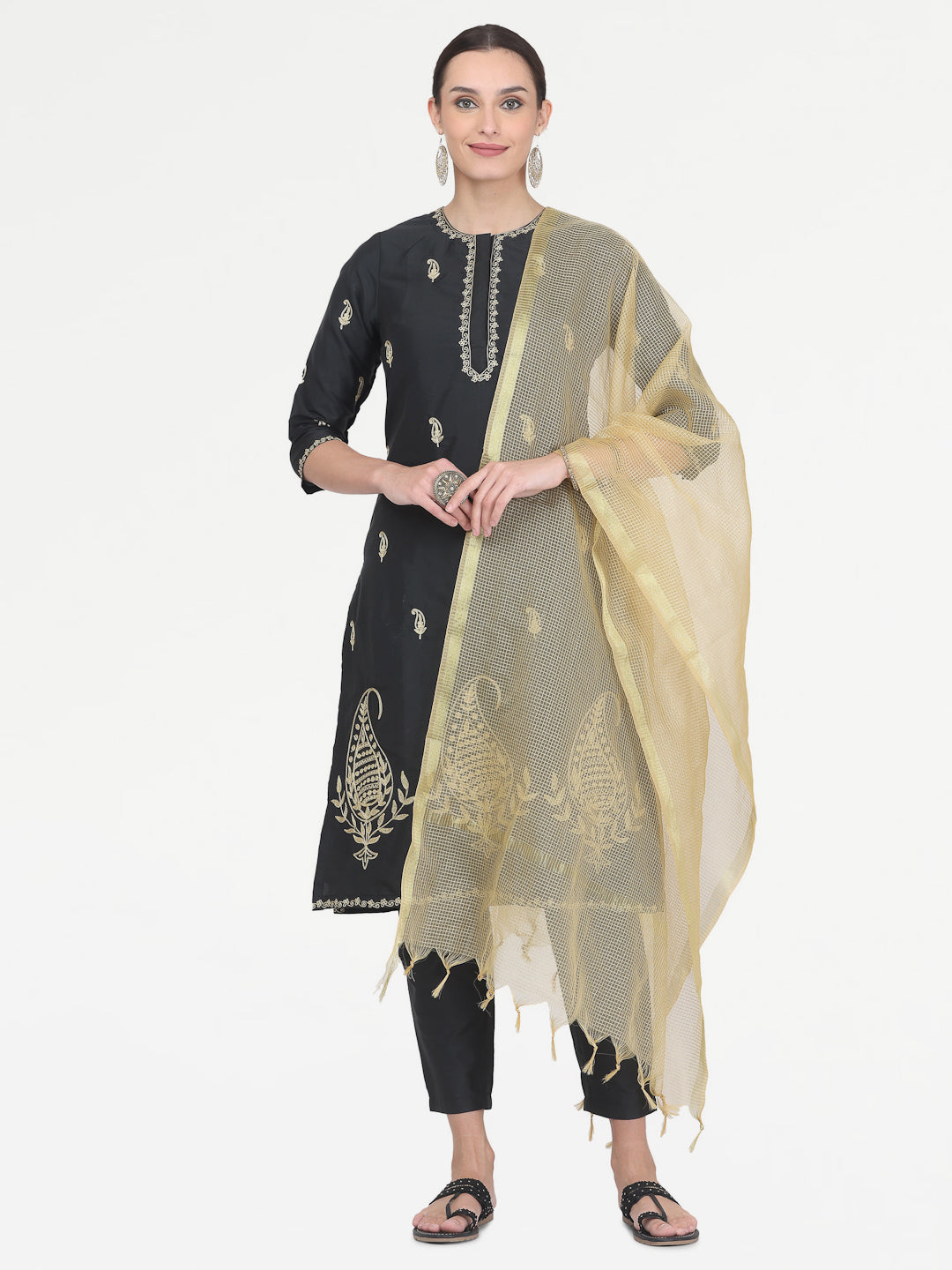 Kaanchie Nanggia Black Taffeta Embroidered Kurta Pant with Dupatta (Set of 3)