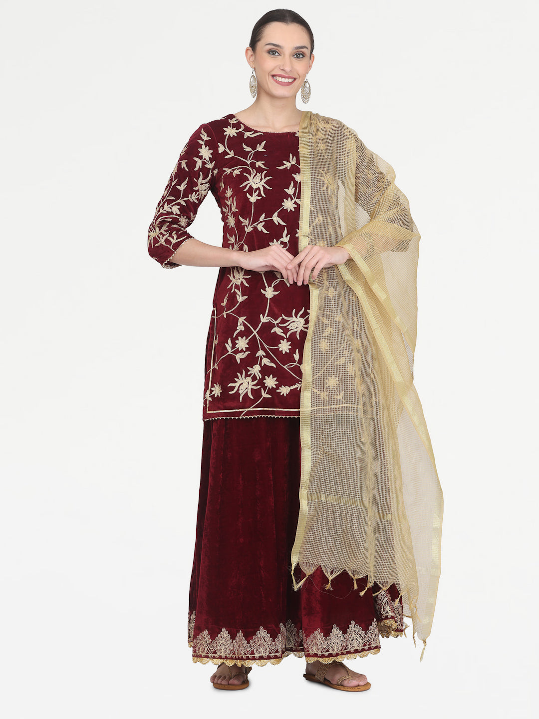 Kaanchie Nanggia Maroon Embroidered Kurta Skirt with Chanderi Dupatta (Set of 3)