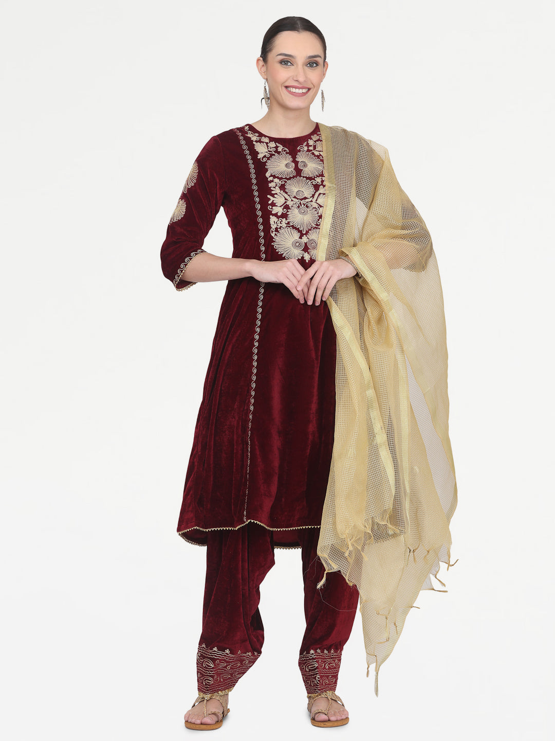 Kaanchie Nanggia Maroon Embroidered Kurta Salwar with Chanderi Dupatta (Set of 3)