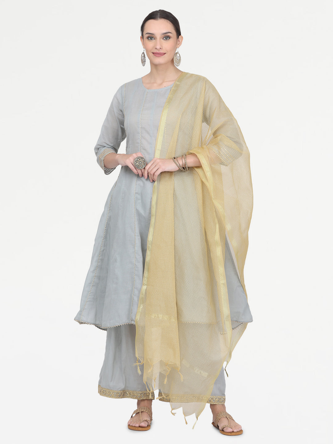 Kaanchie Nanggia Grey Gota Work Kurta Palazzo with Dupatta (Set of 3)