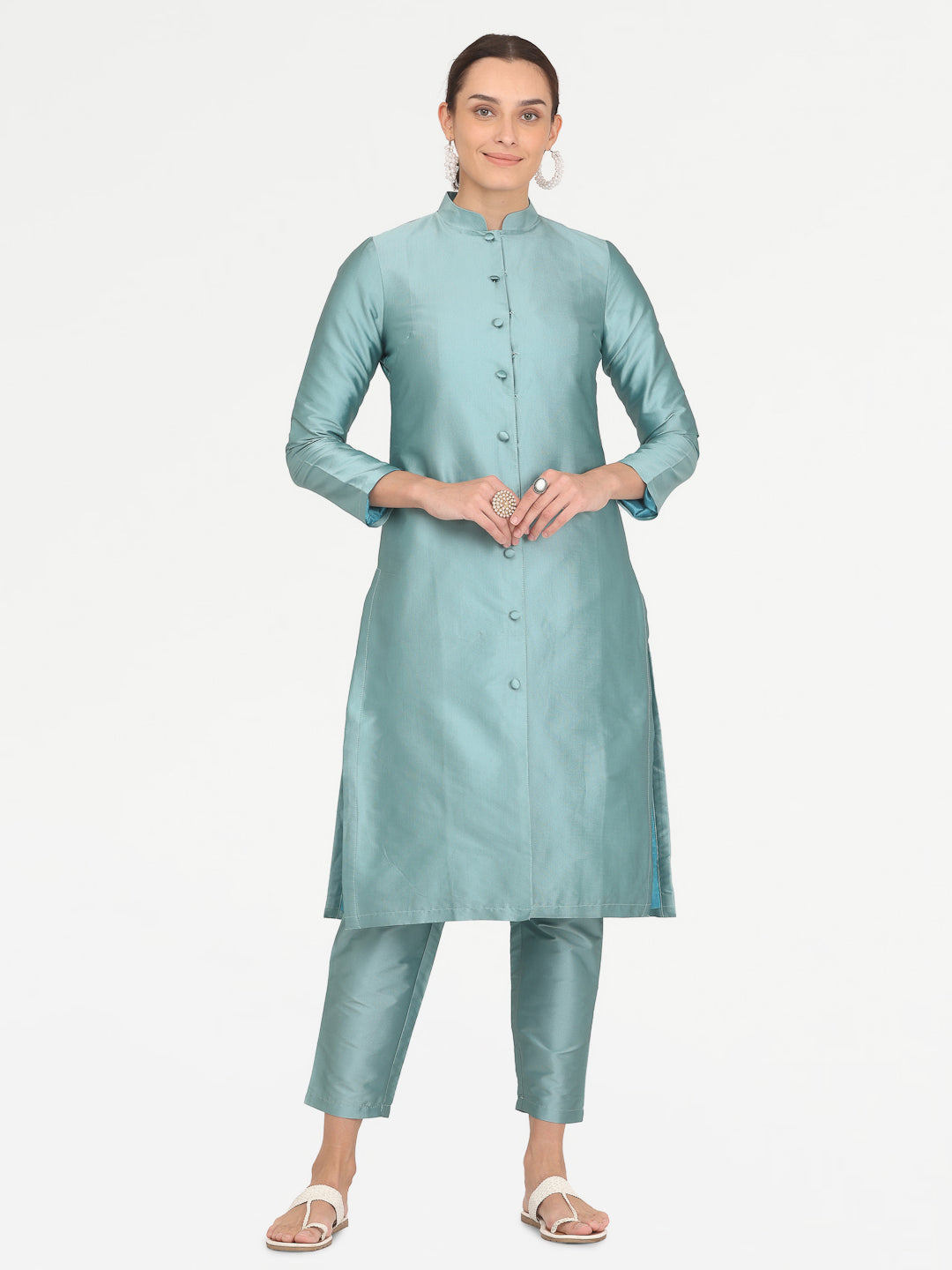Kaanchie Nanggia Blue Taffeta Kurta with Pant (Set of 2)