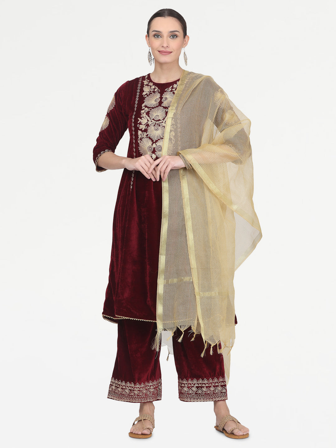 Kaanchie Nanggia Maroon Embroidered Kurta Palazzo with Chanderi Dupatta (Set of 3)