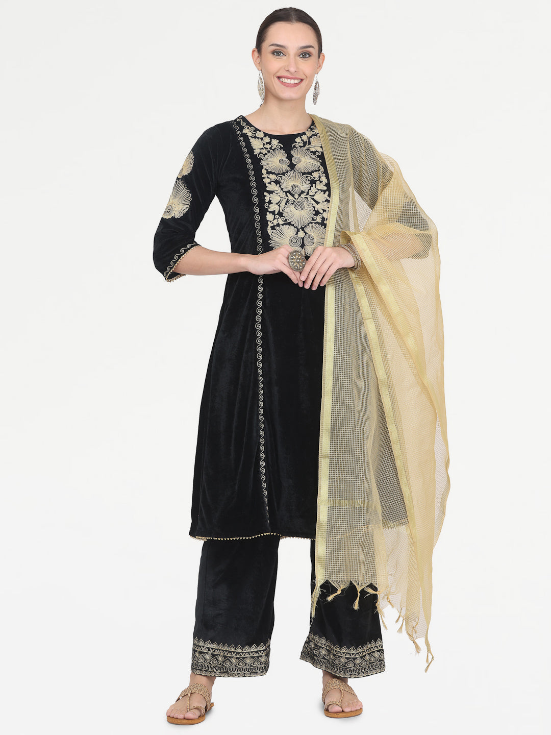 Kaanchie Nanggia Black Embroidered Kurta Palazzo with Chanderi Dupatta (Set of 3)