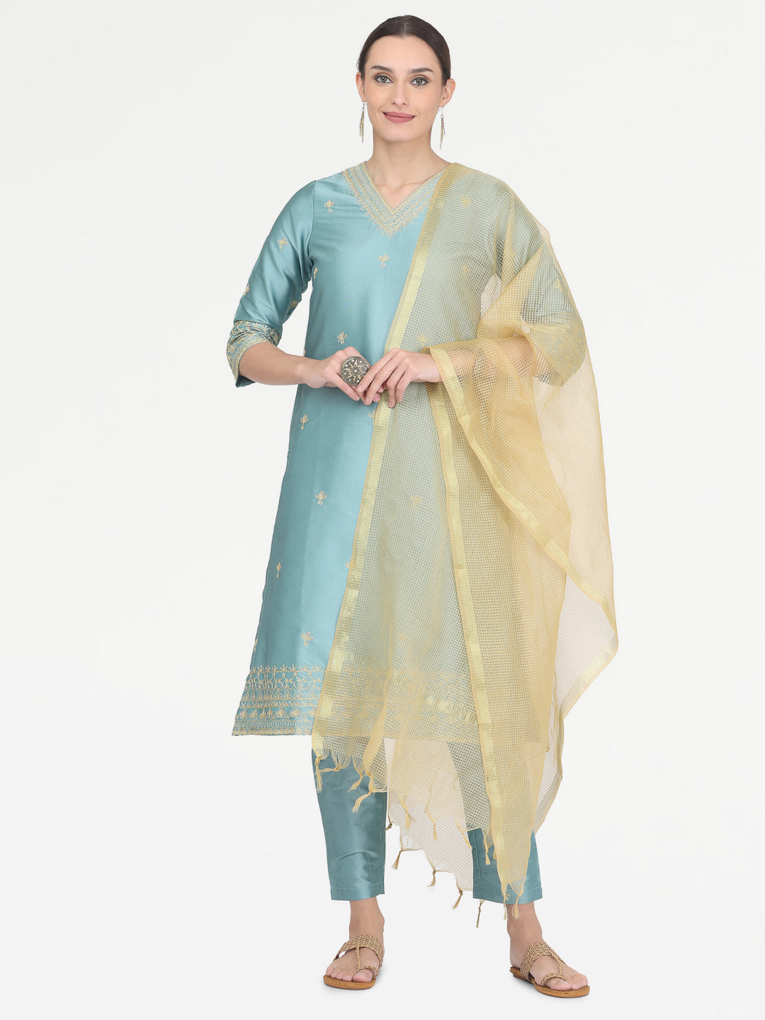 Kaanchie Nanggia Blue Taffeta Embroidered Kurta Pant with Dupatta (Set of 3)