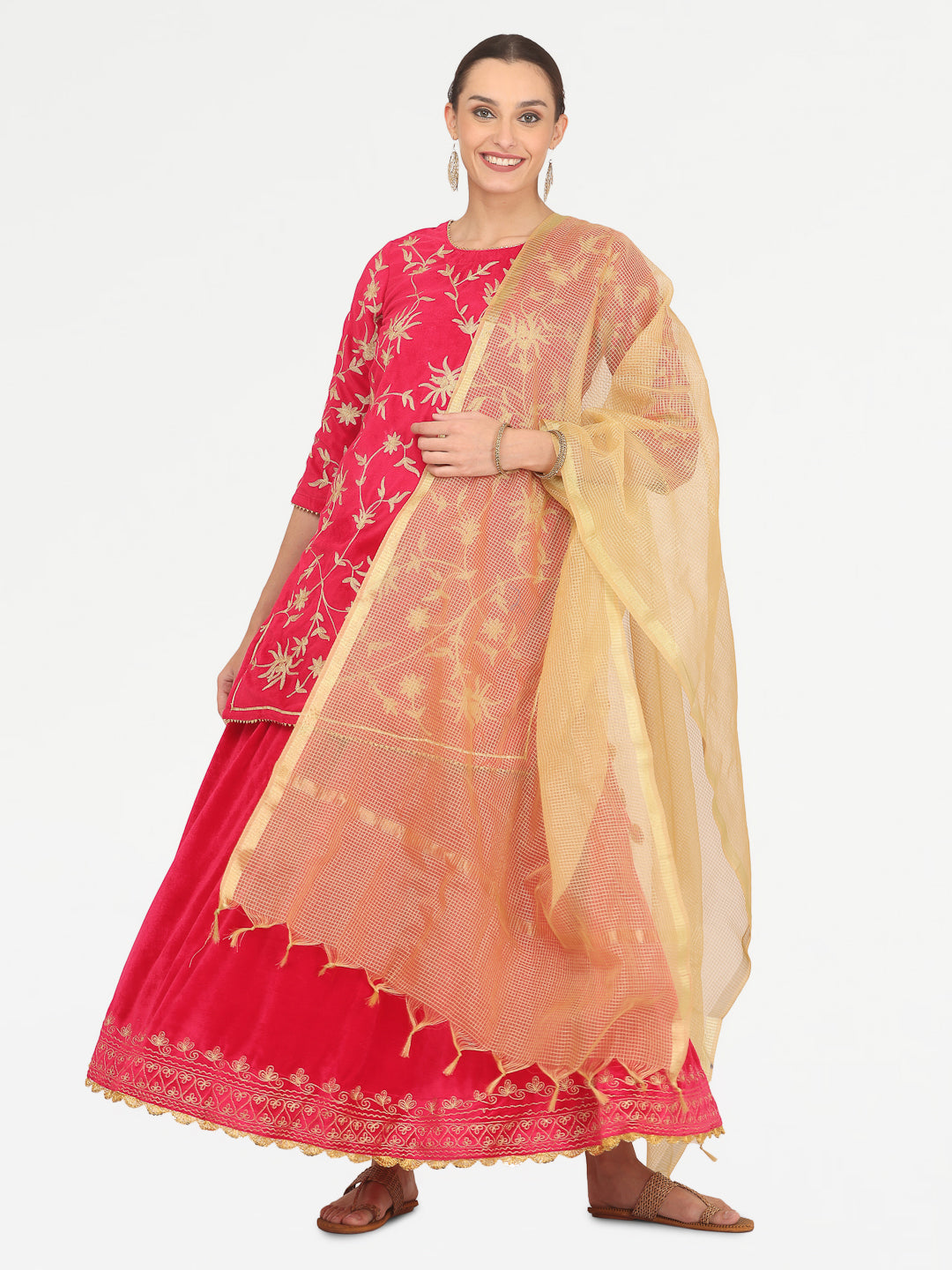 Kaanchie Nanggia Pink Embroidered Kurta Skirt with Chanderi Dupatta (Set of 3)