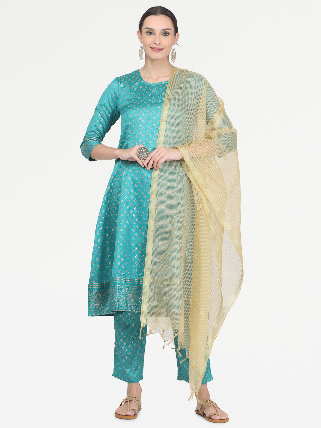 Kaanchie Nanggia Green Printed Kurta Pant with Dupatta (Set of 3)