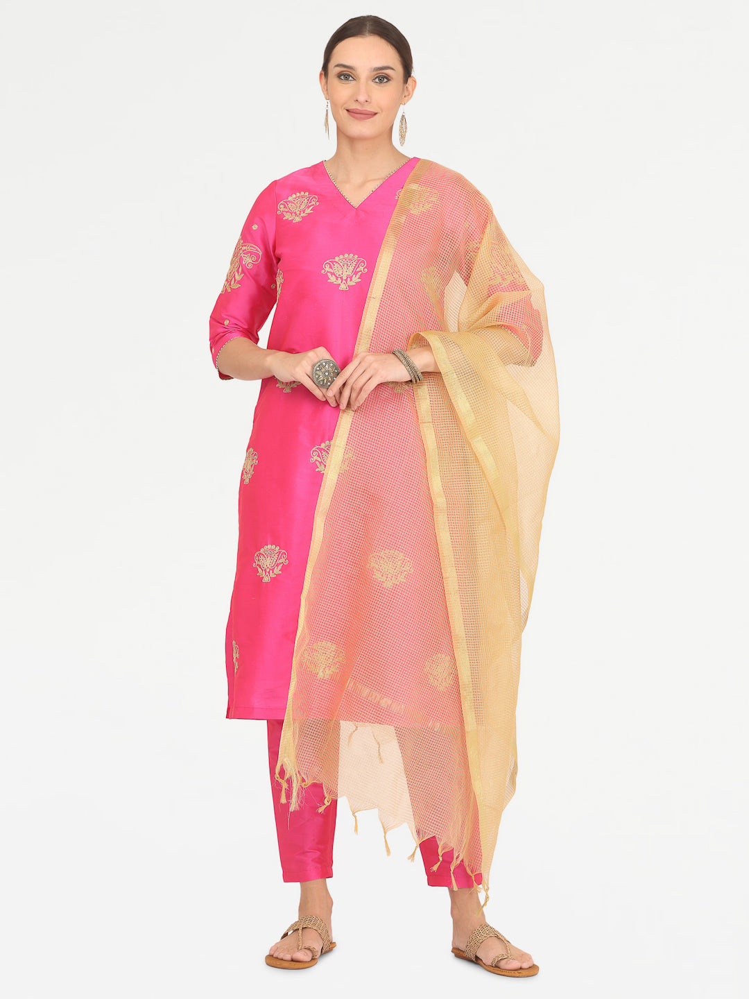 Kaanchie Nanggia Pink Taffeta Embroidered Kurta Pant with Dupatta (Set of 3)