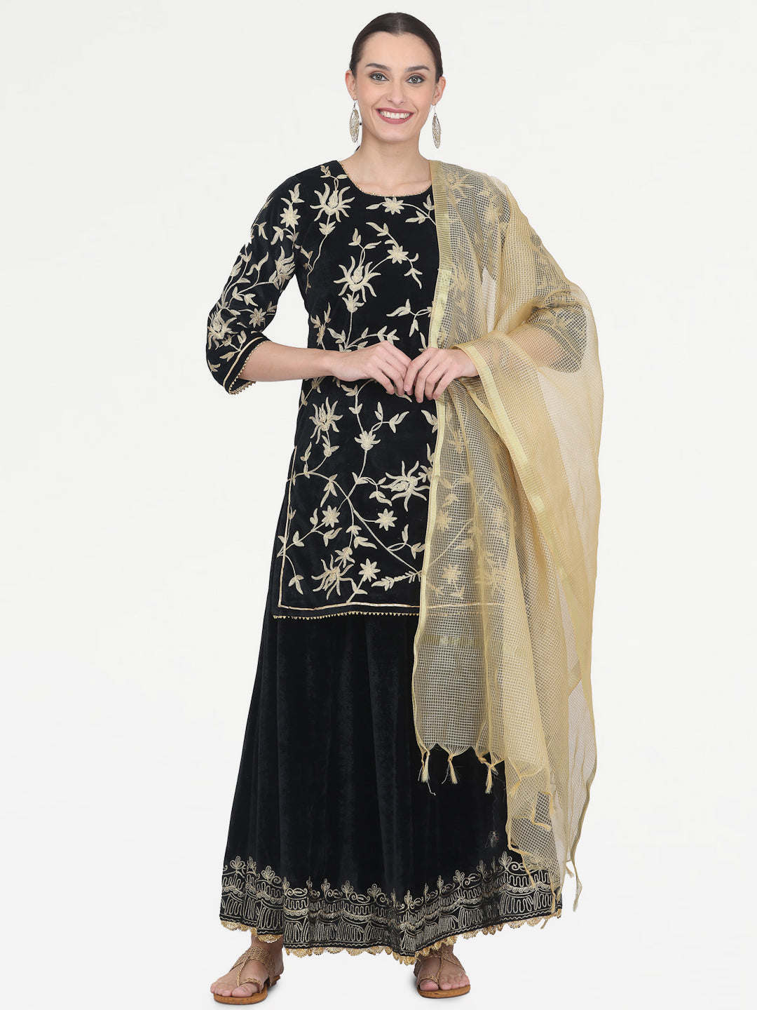 Kaanchie Nanggia Black Embroidered Kurta Skirt with Chanderi Dupatta (Set of 3)