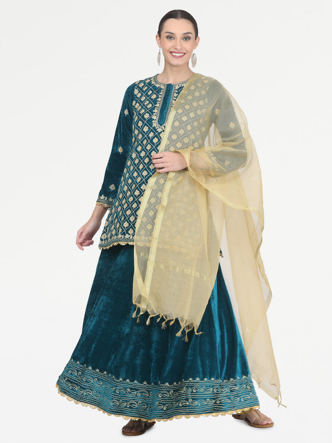 Kaanchie Nanggia Teal Green Embroidered Kurta Skirt with Chanderi Dupatta (Set of 3)