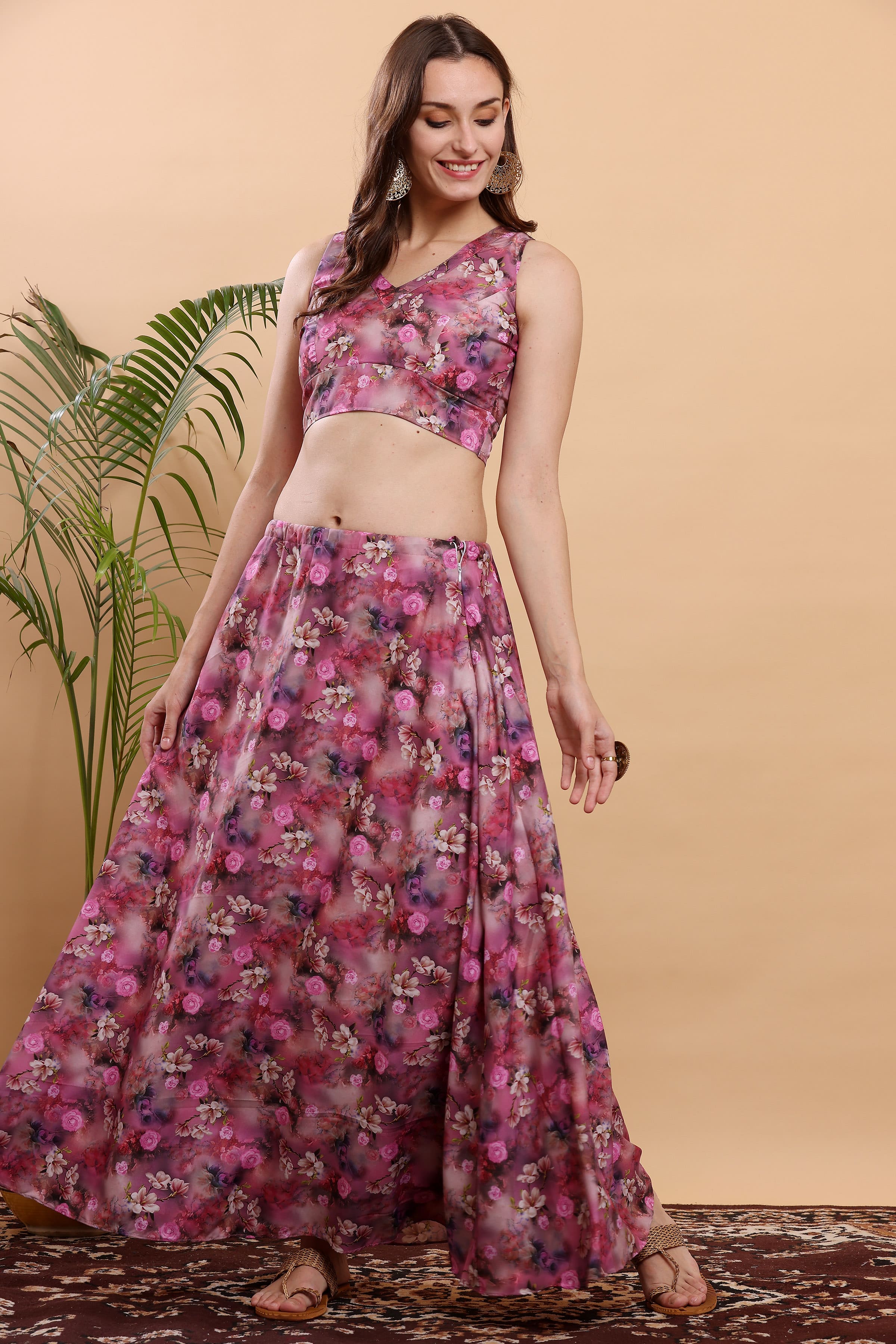 Kaanchie Nanggia Magenta & Pink Printed Ready to Wear Lehenga & Choli (Set of 2)