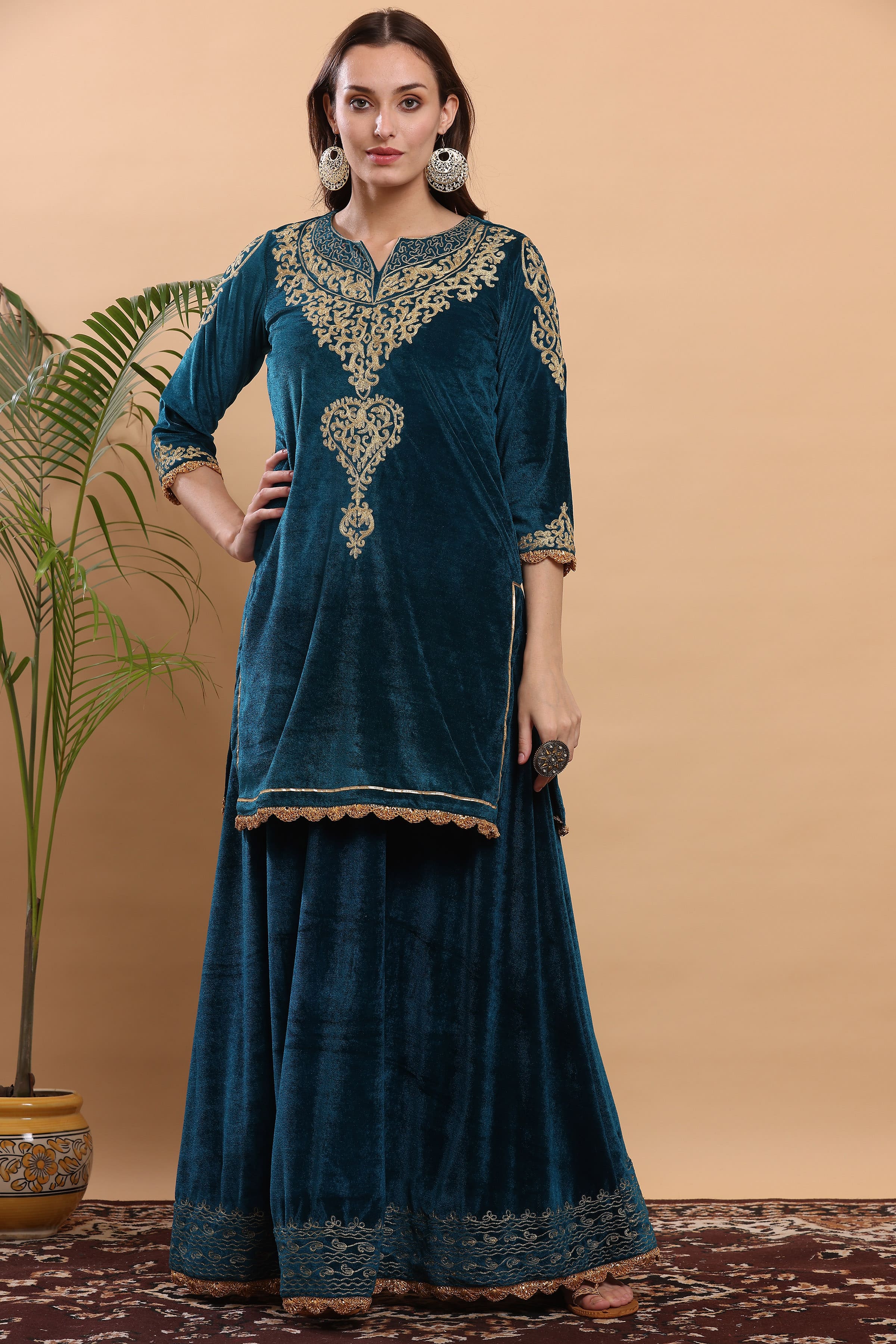 Kaanchie Nanggia Teal Green Embroidered Kurta Lehenga (Set of 2)