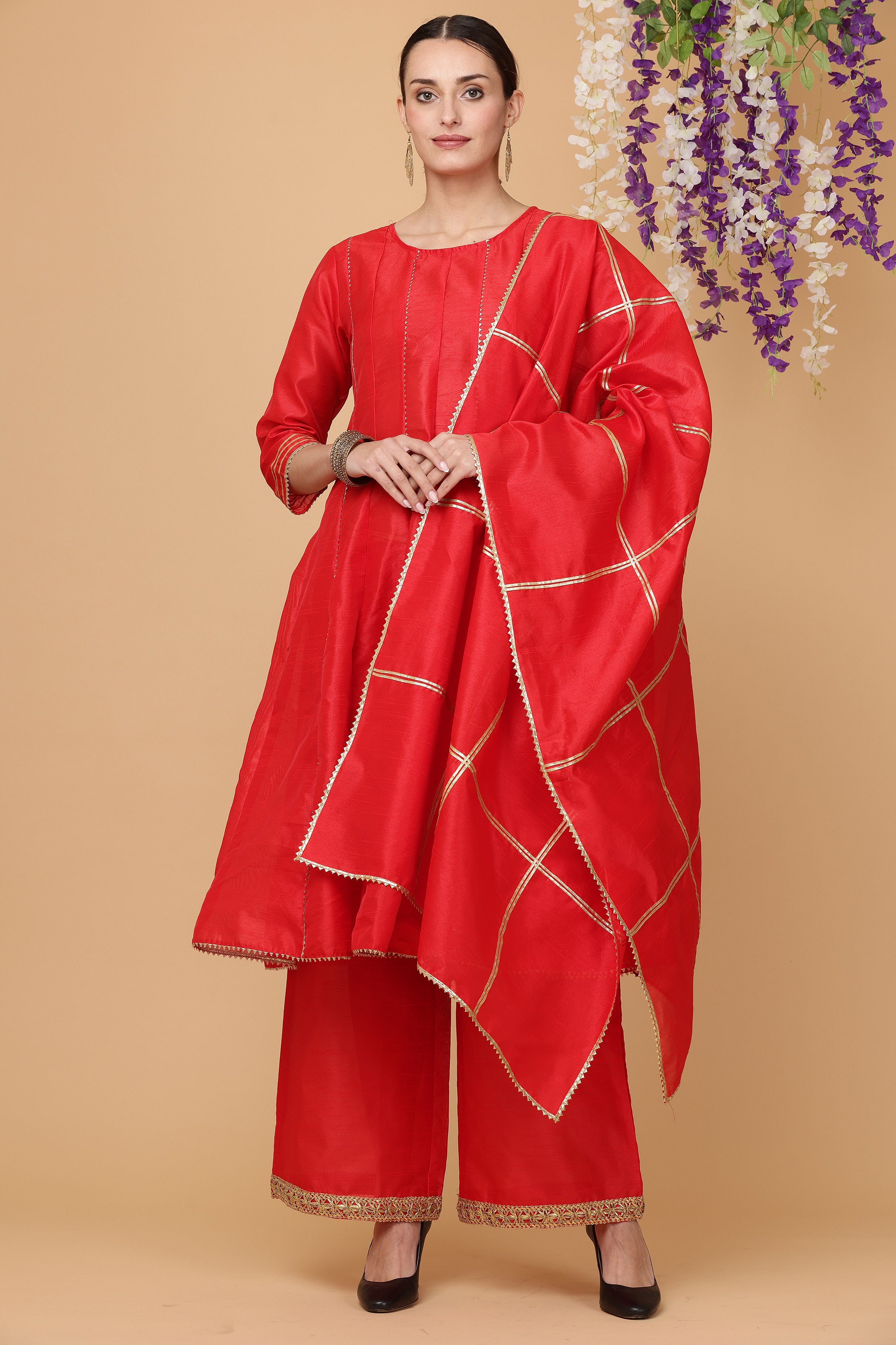 Kaanchie Nanggia Red kalidar kurta pallazo with dupatta