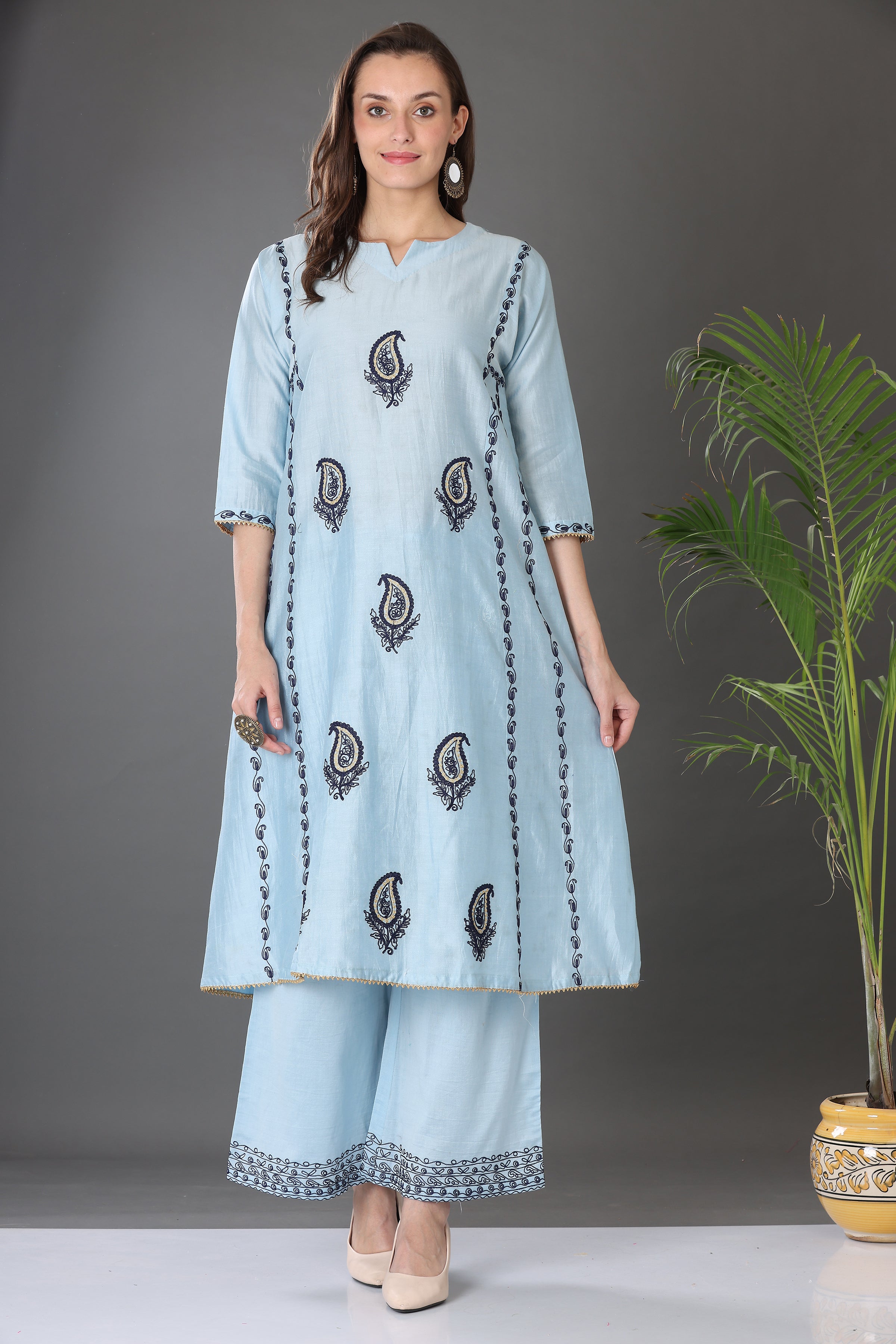 Kaanchie Nanggia Firoji Embroidered Cotton Silk Kurta Palazzo (Set of 2)