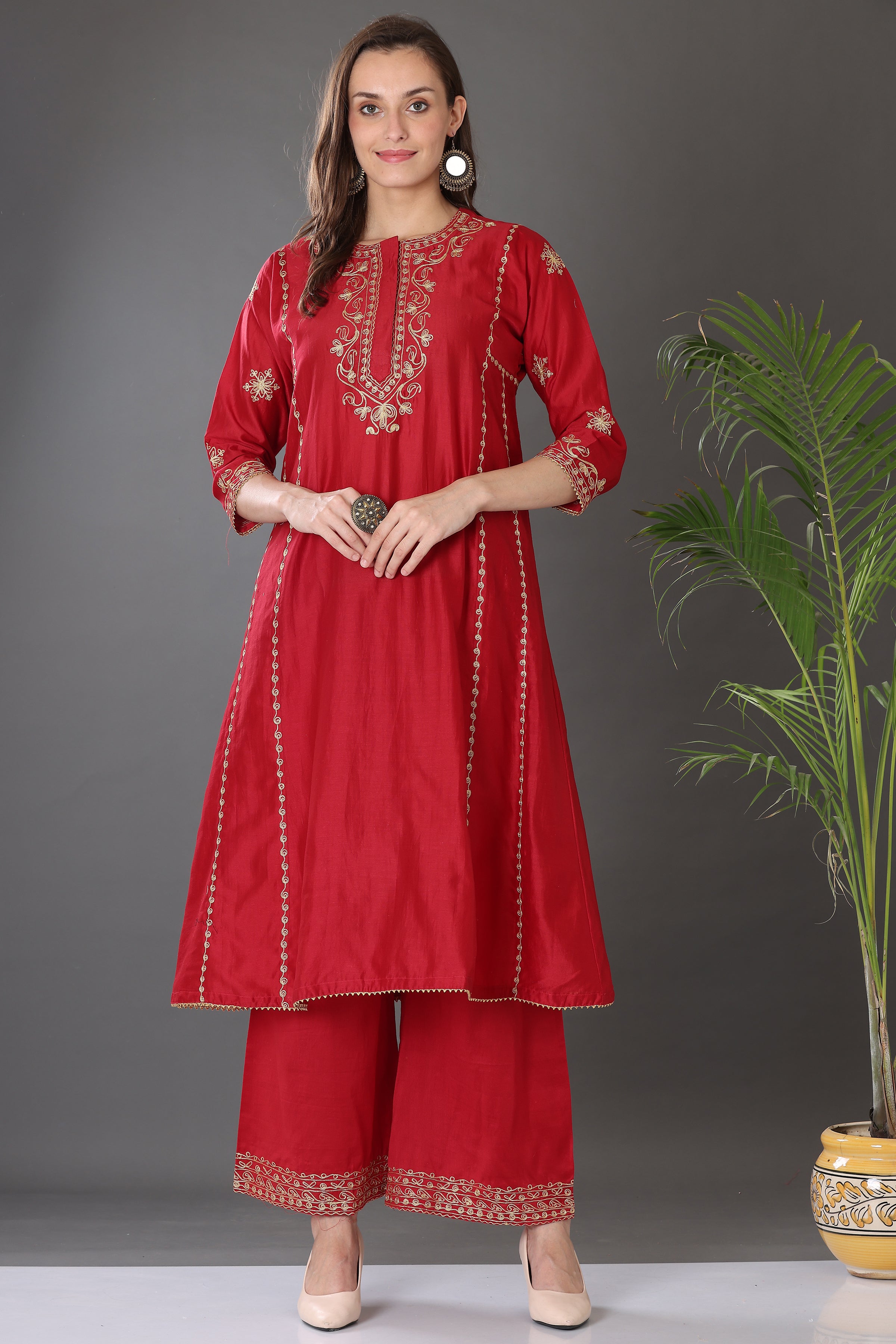 Kaanchie Nanggia Red Embroidered Cotton Silk Kurta Palazzo (Set of 2)