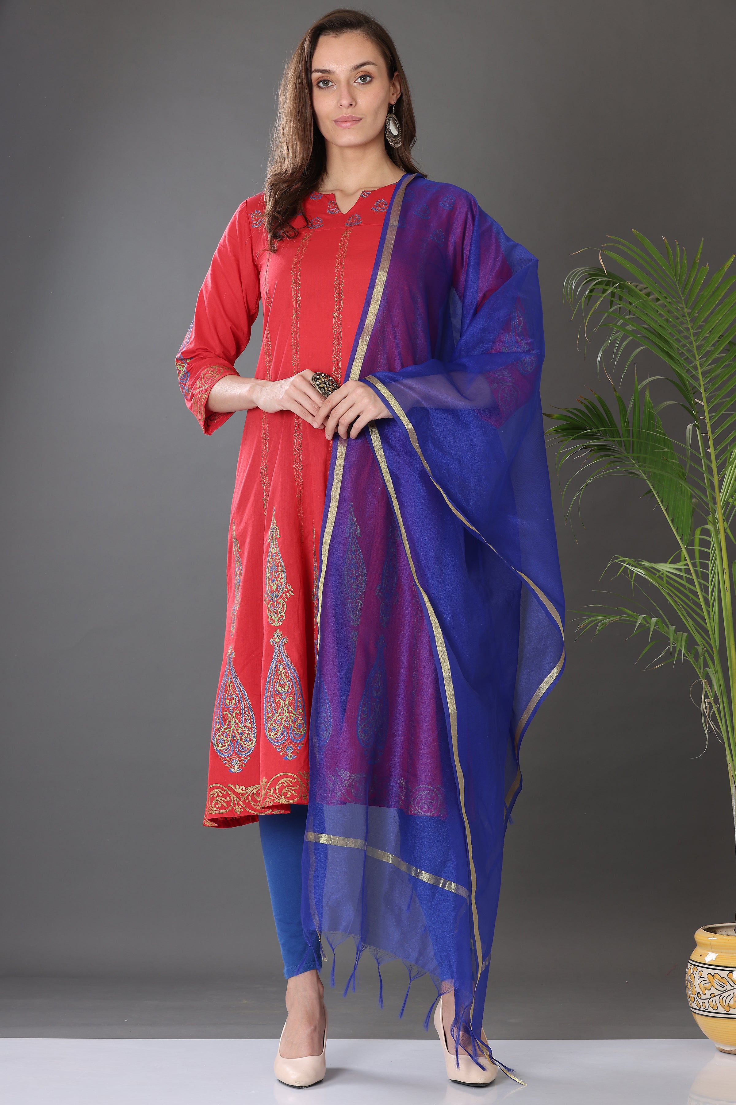 Kaanchie Nanggia Red Block Printed Anarkali with Leggings and Dupatta (Set of 3)