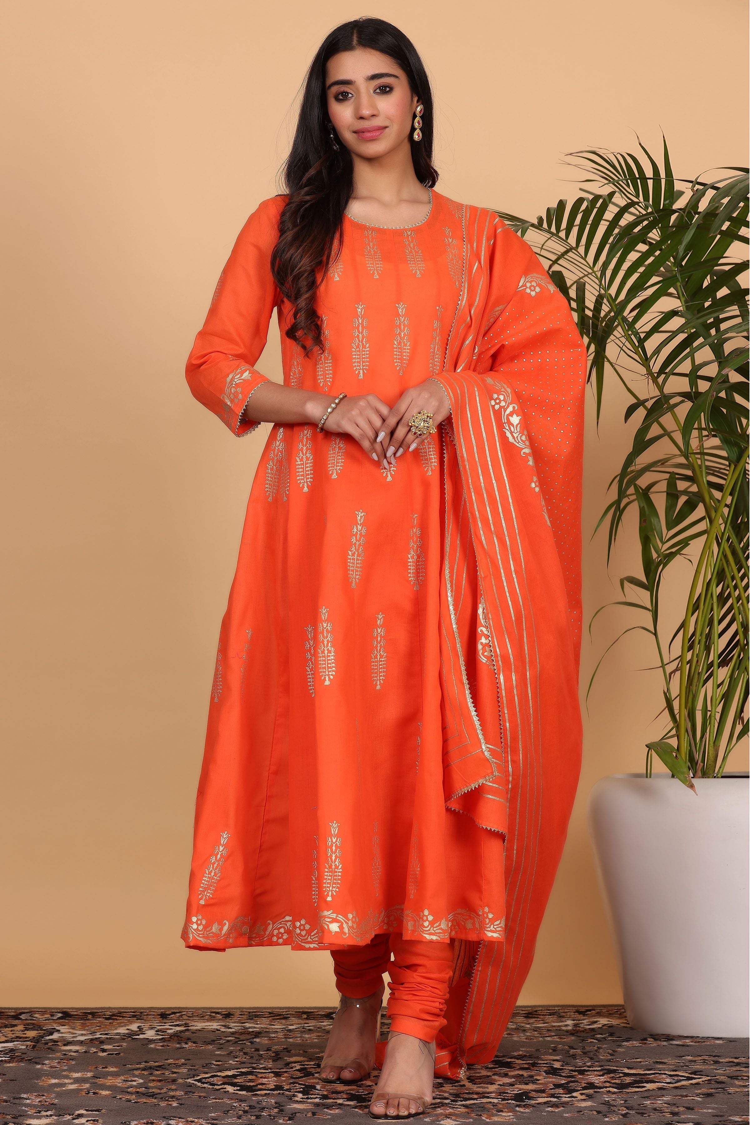 Kaanchie Nanggia Orange Printed Kalidar Kurta Dupatta with Churidar (Set of 3)