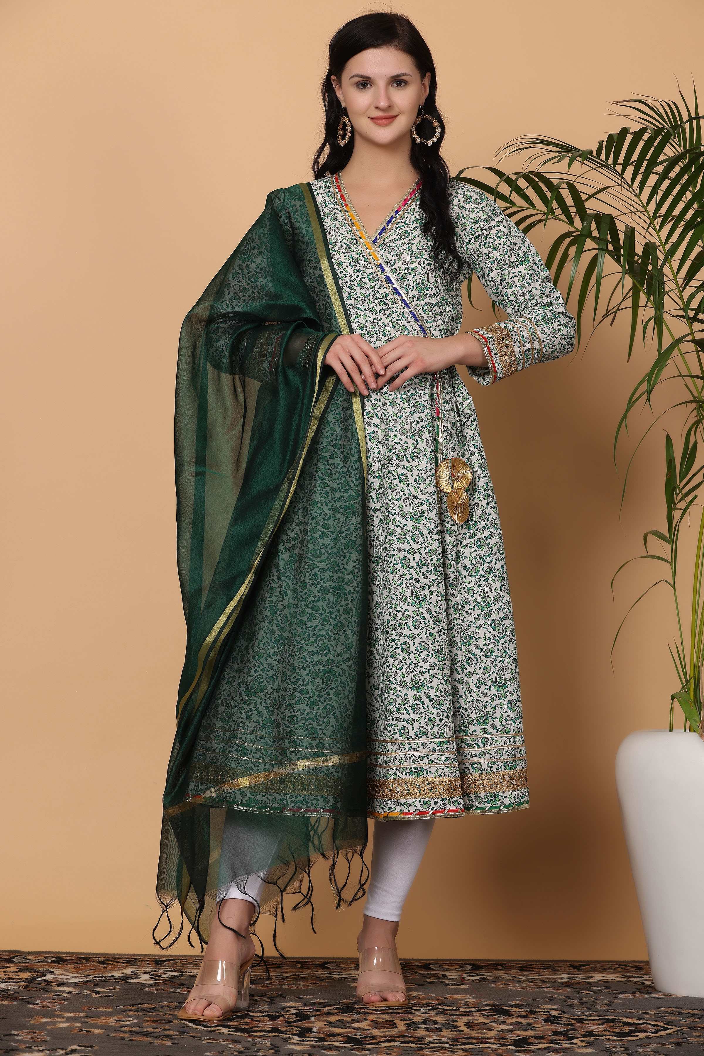 Kaanchie Nanggia Green Cotton Printed Anarkali Kurta with Dupatta and Leggings (Set of 3)