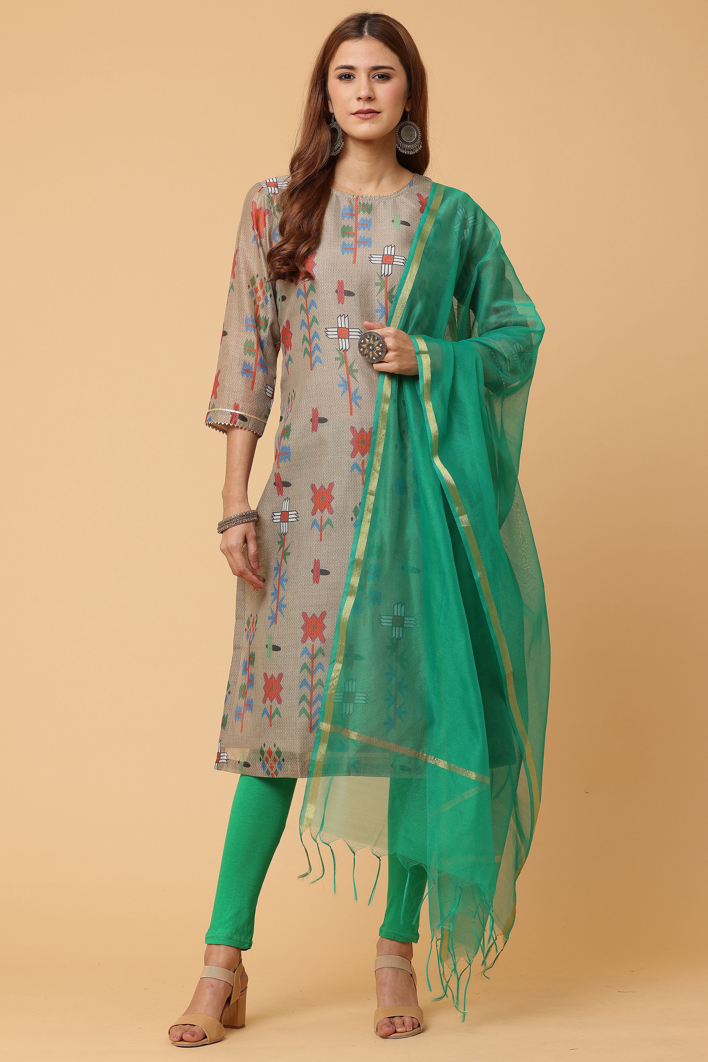 Kaanchie Nanggia Grey Digital Printed Kurta Legging with Dupatta (Set of 3)