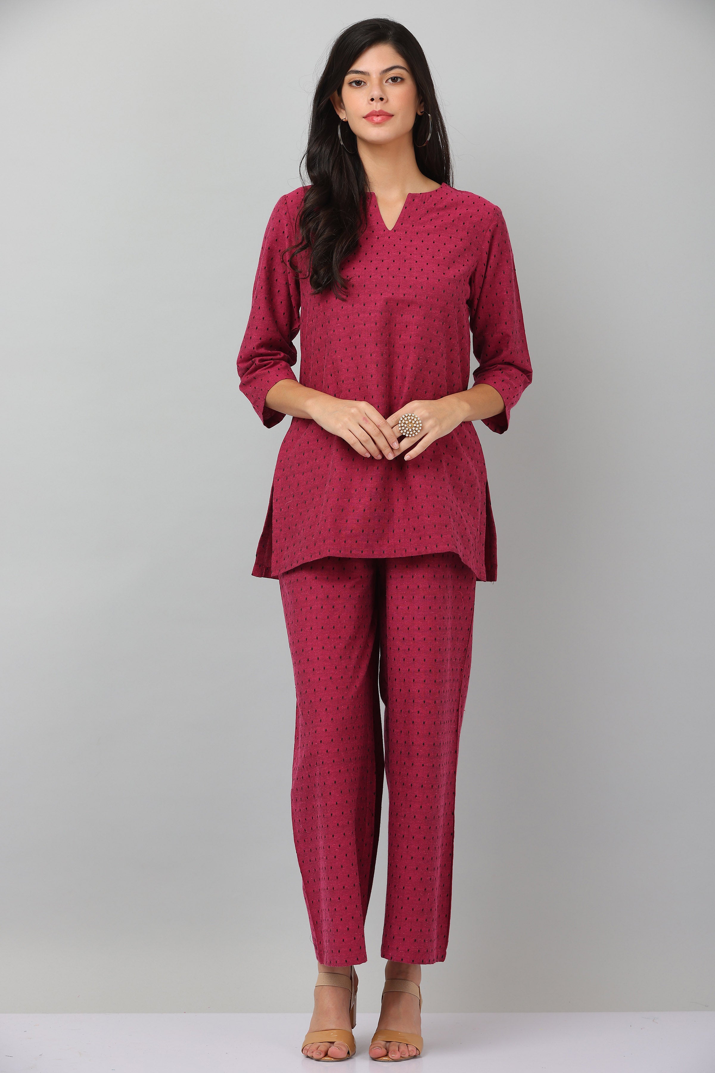 Kaanchie Nanggia Dark Pink Causal Wear Short Kurta & Pants (Set of 2)