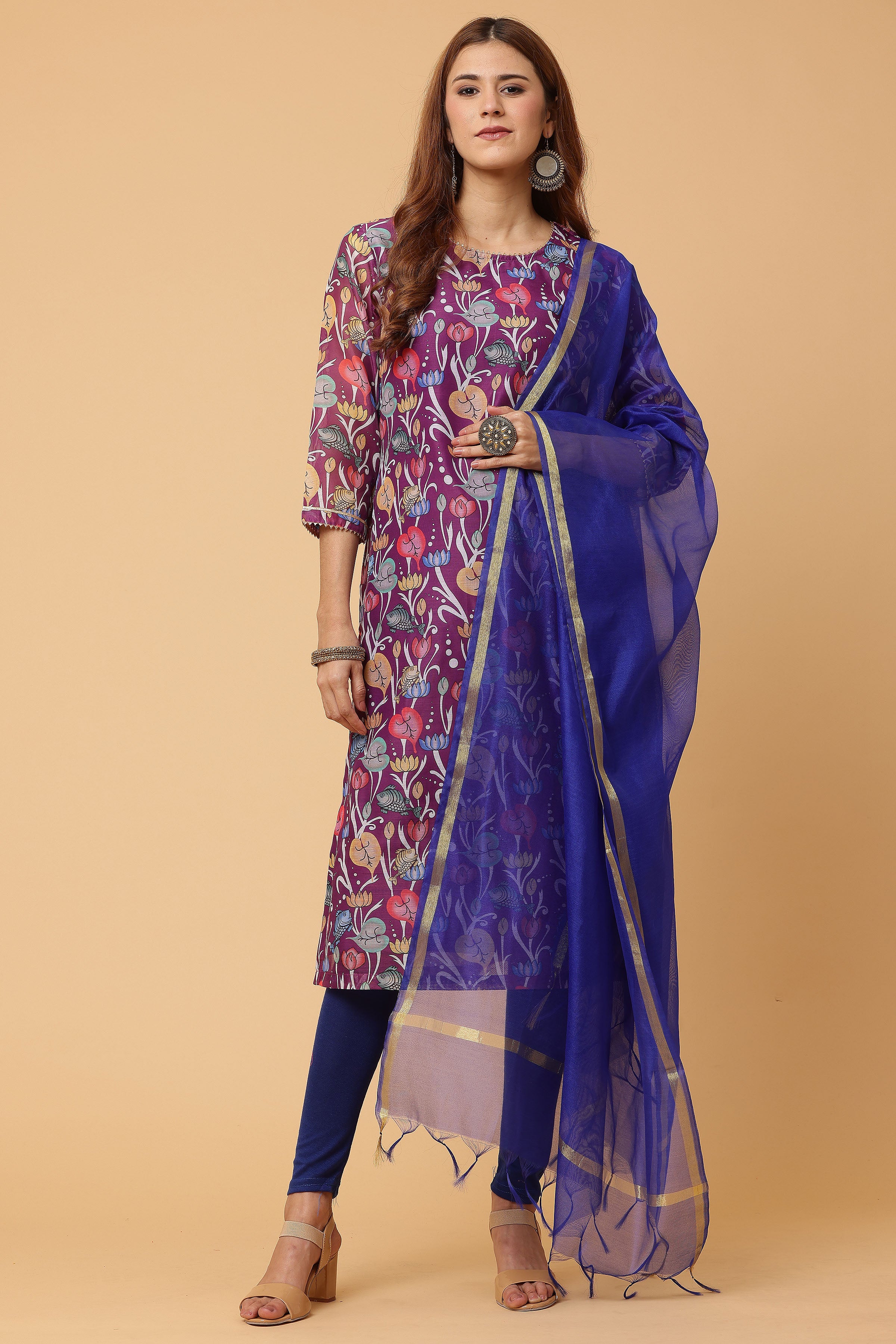 Kaanchie Nanggia Purple Digital Printed Kurta Legging with Dupatta (Set of 3)