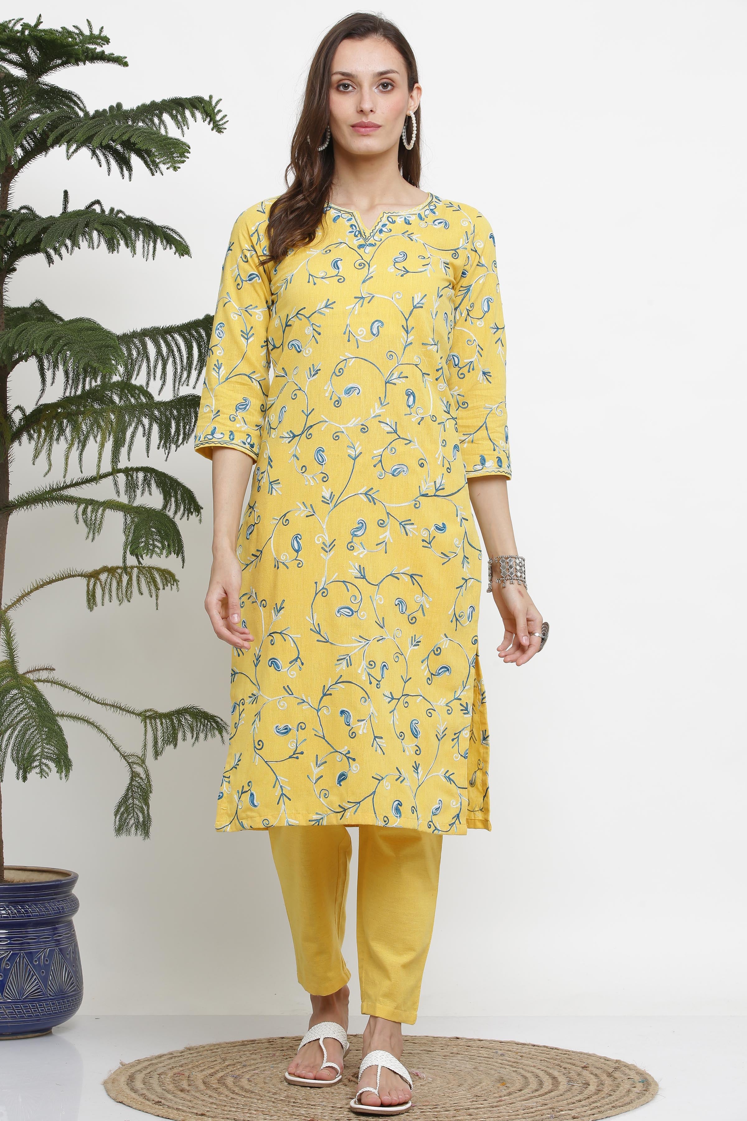 Kaanchie Nanggia Yellow Cotton Embroided Kurta Pant (Set of 2)