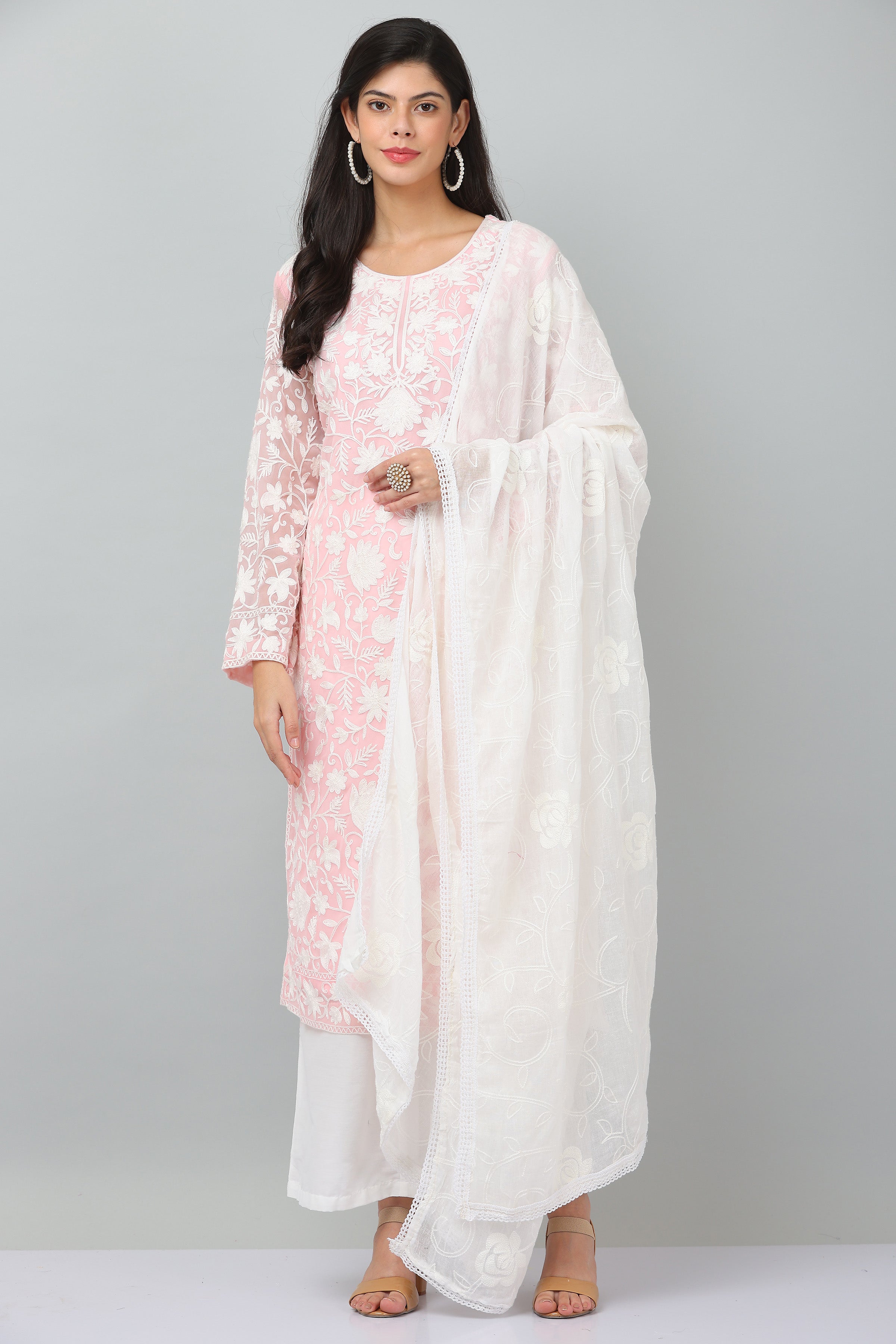 Kaanchie Nanggia Pink Georgette Embroidered Kurta & Dupatta with Pant (Set of 3)