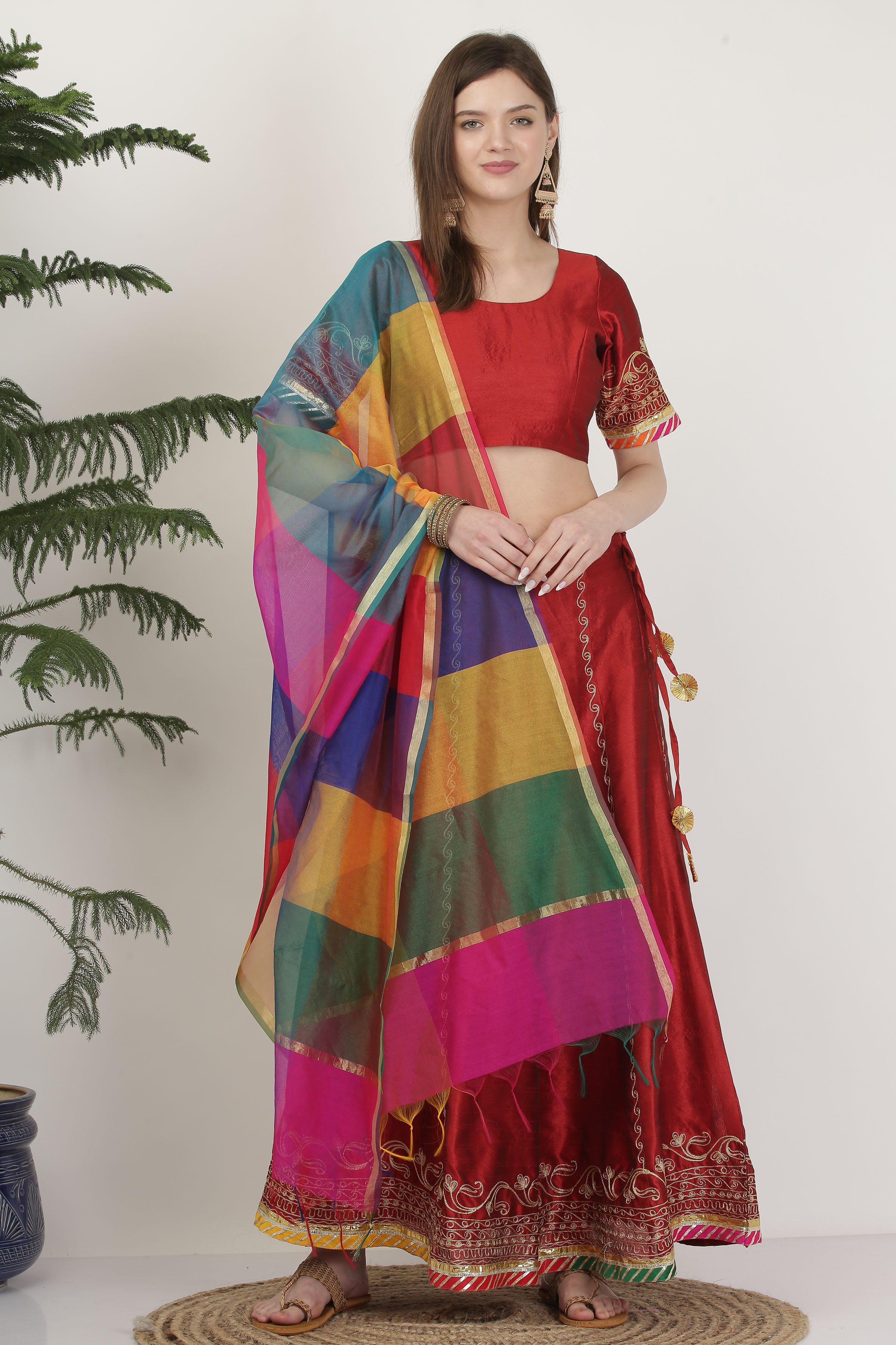 Kaanchie Nanggia Round Neck Zari Silk Ready to Wear Lehenga & Blouse With Dupatta (Set of 3)