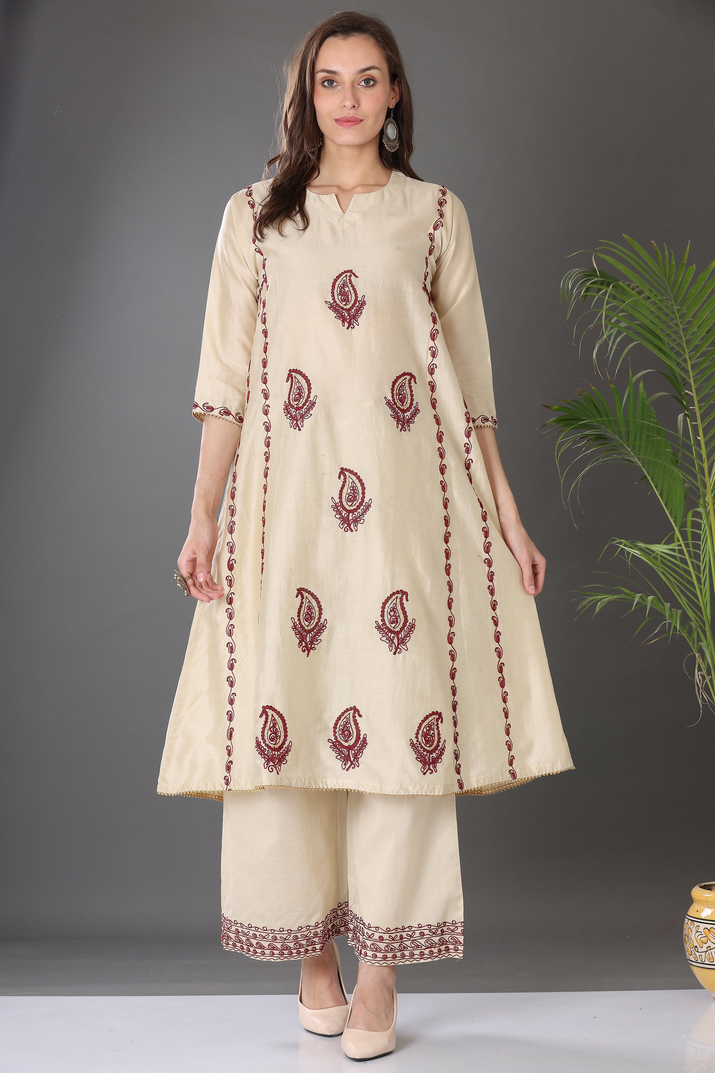 Kaanchie Nanggia Beige Embroidered Cotton Silk Kurta Palazzo (Set of 2)