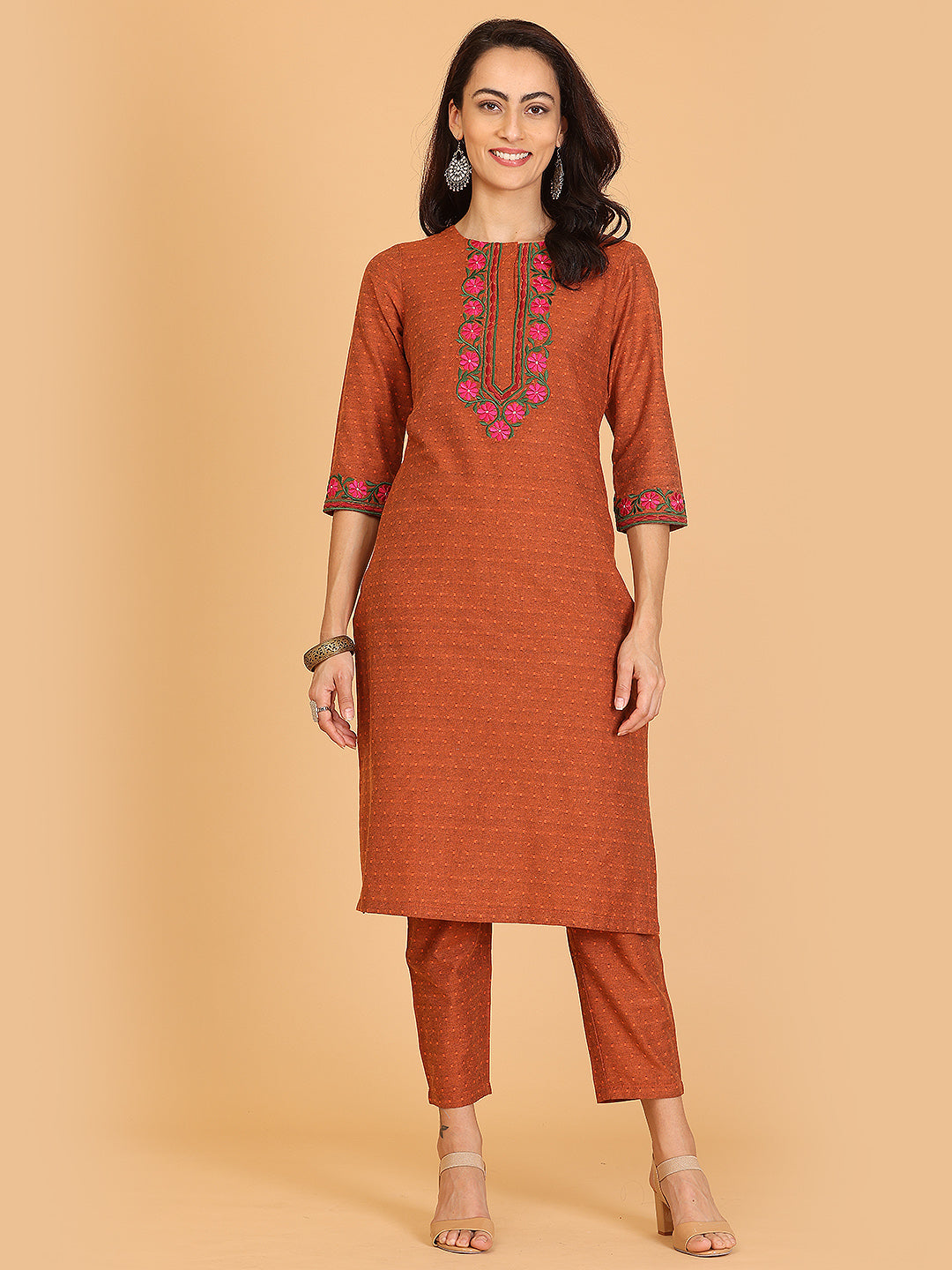 Kaanchie Nanggia Brown Embroidered A-Line Kurta with Pant (Set of 2)