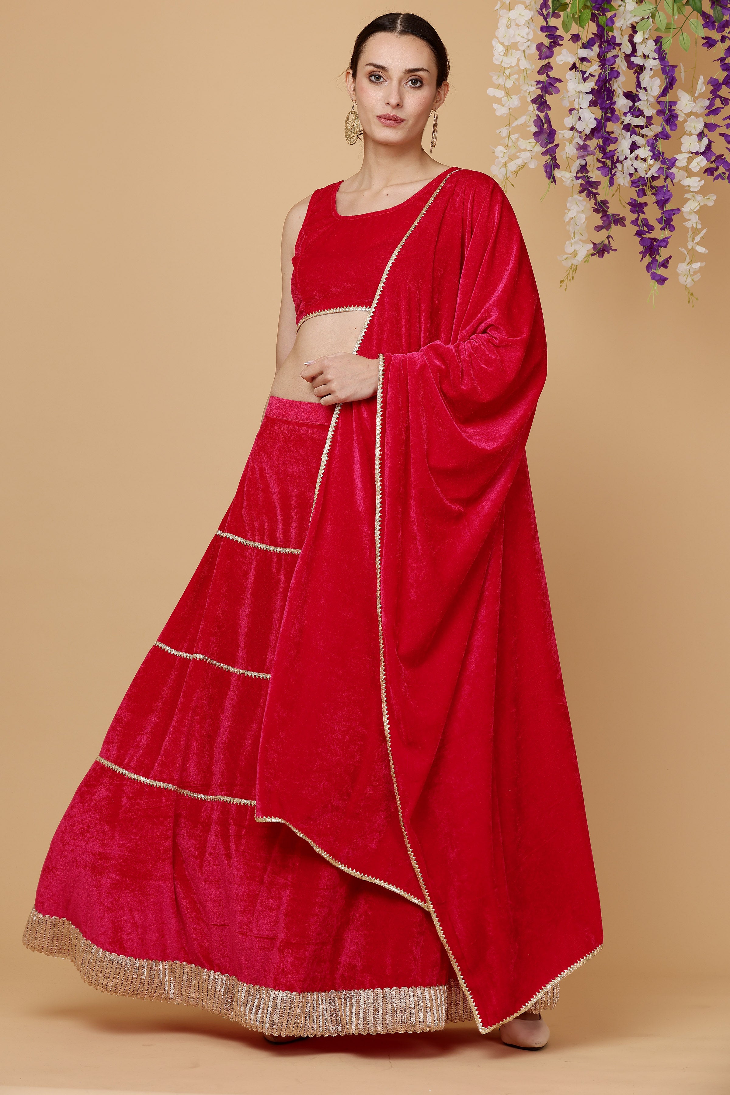 Kaanchie Nanggia Pink velvet skirt blouse with dupatta