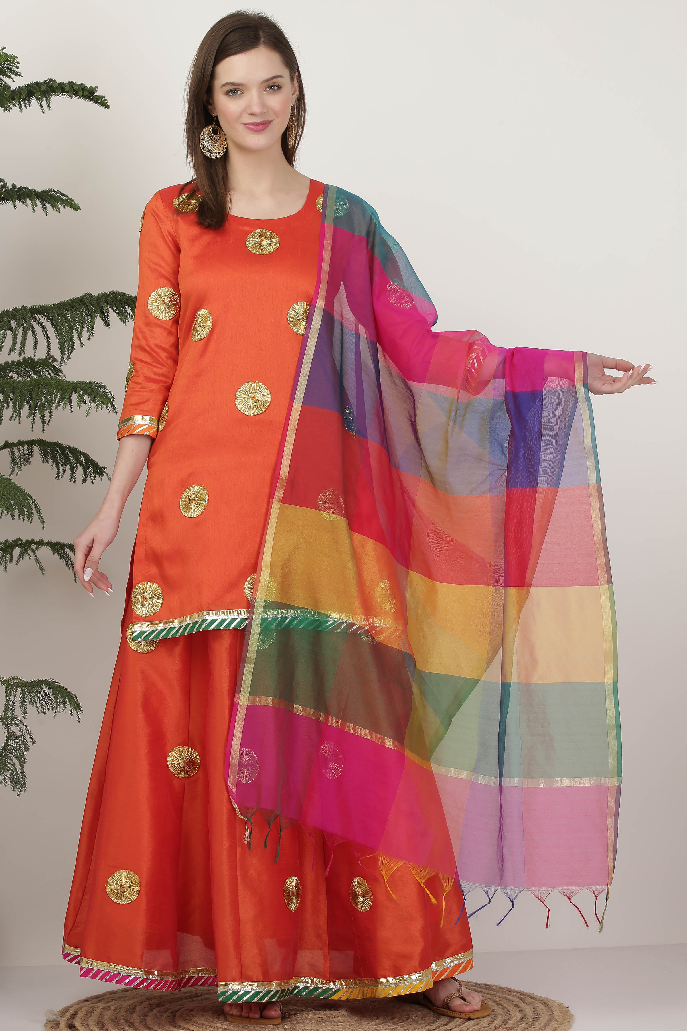 Kaanchie Nanggia Orange Embellished Ready to Wear Lehenga & Blouse With Dupatta (Set of 3)