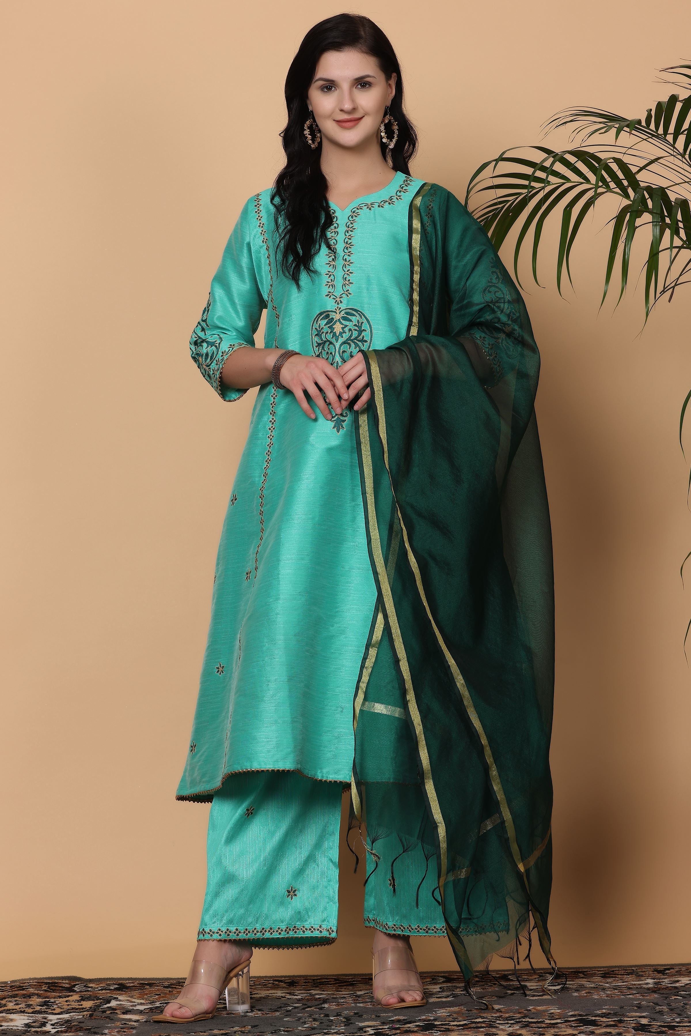 Kaanchie Nanggia Turquoise Embroidered Kurta Palazzo with Dupatta (Set of 3)