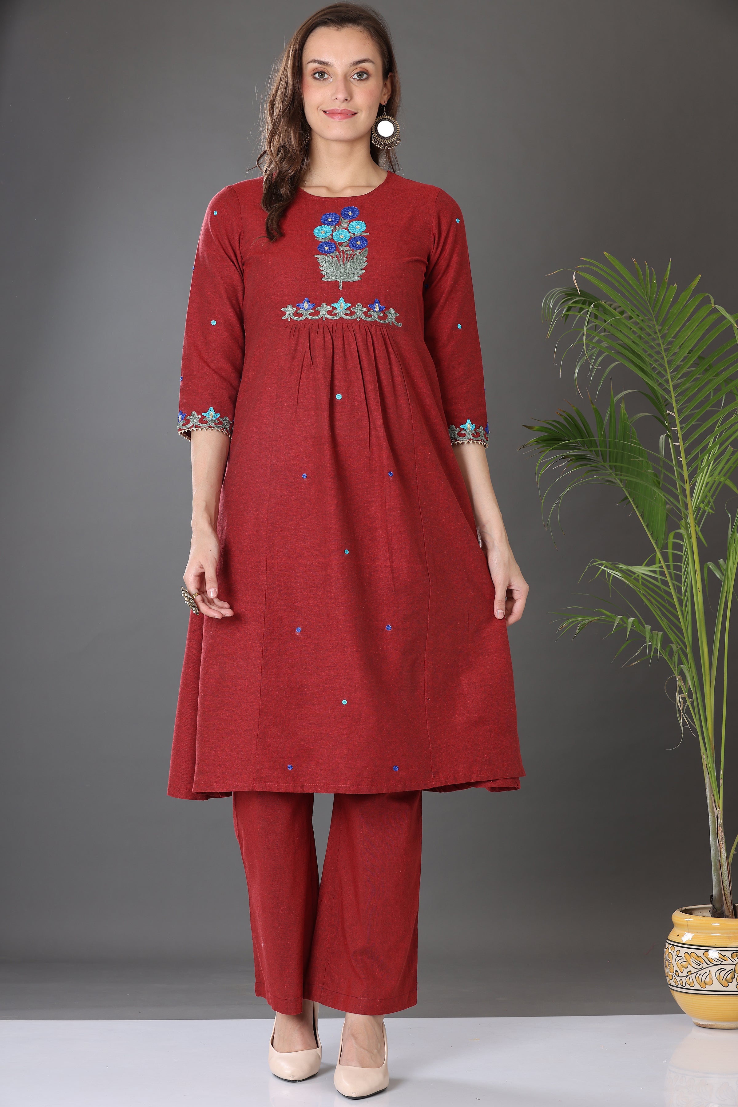 Kaanchie Nanggia Maroon Cotton Embroidered Flared Kurta Pants (Set of 2)