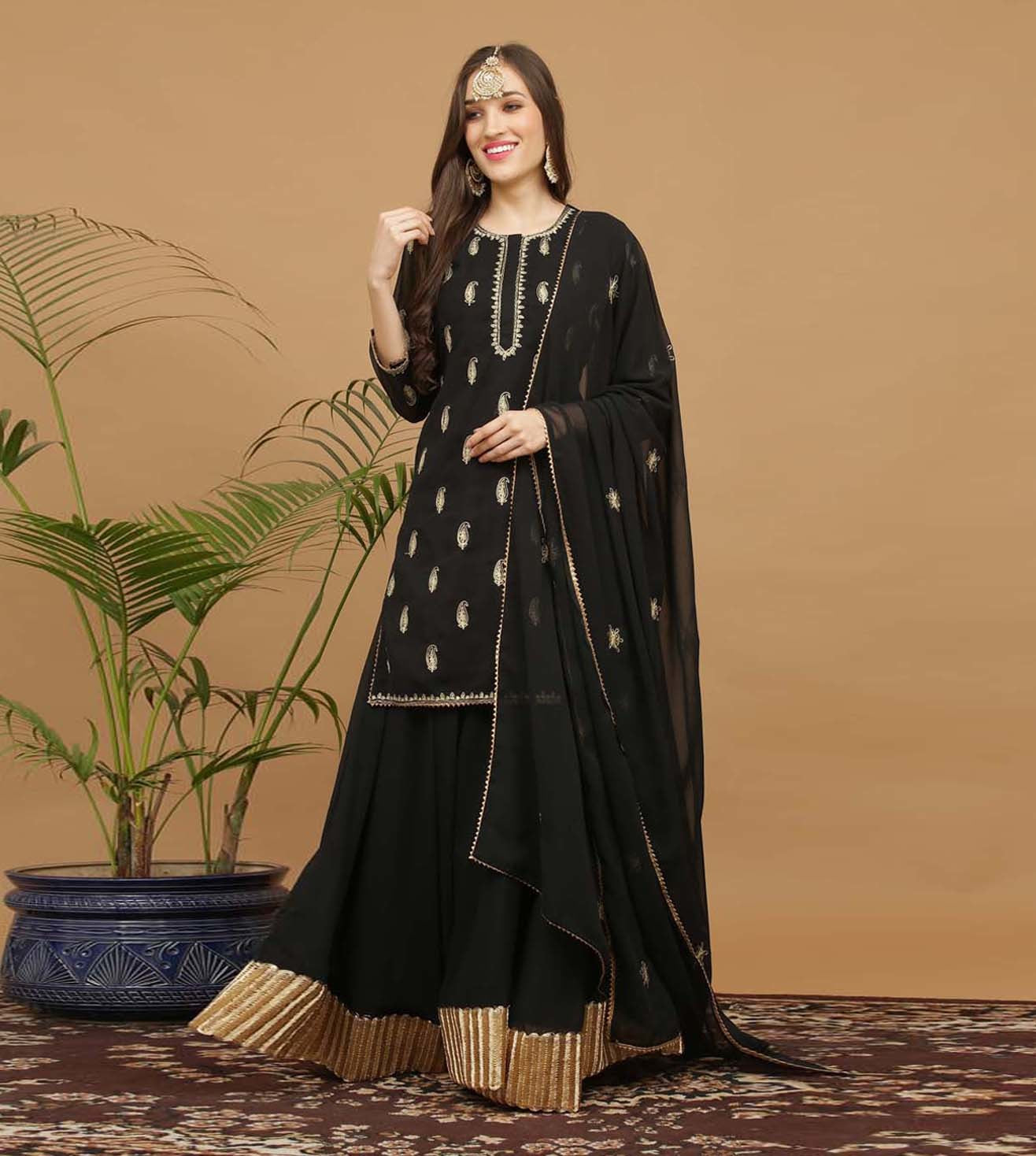 Kaanchie Nanggia Black Embroidery Georgette Kurta with Skirt & Dupatta (Set of 3)