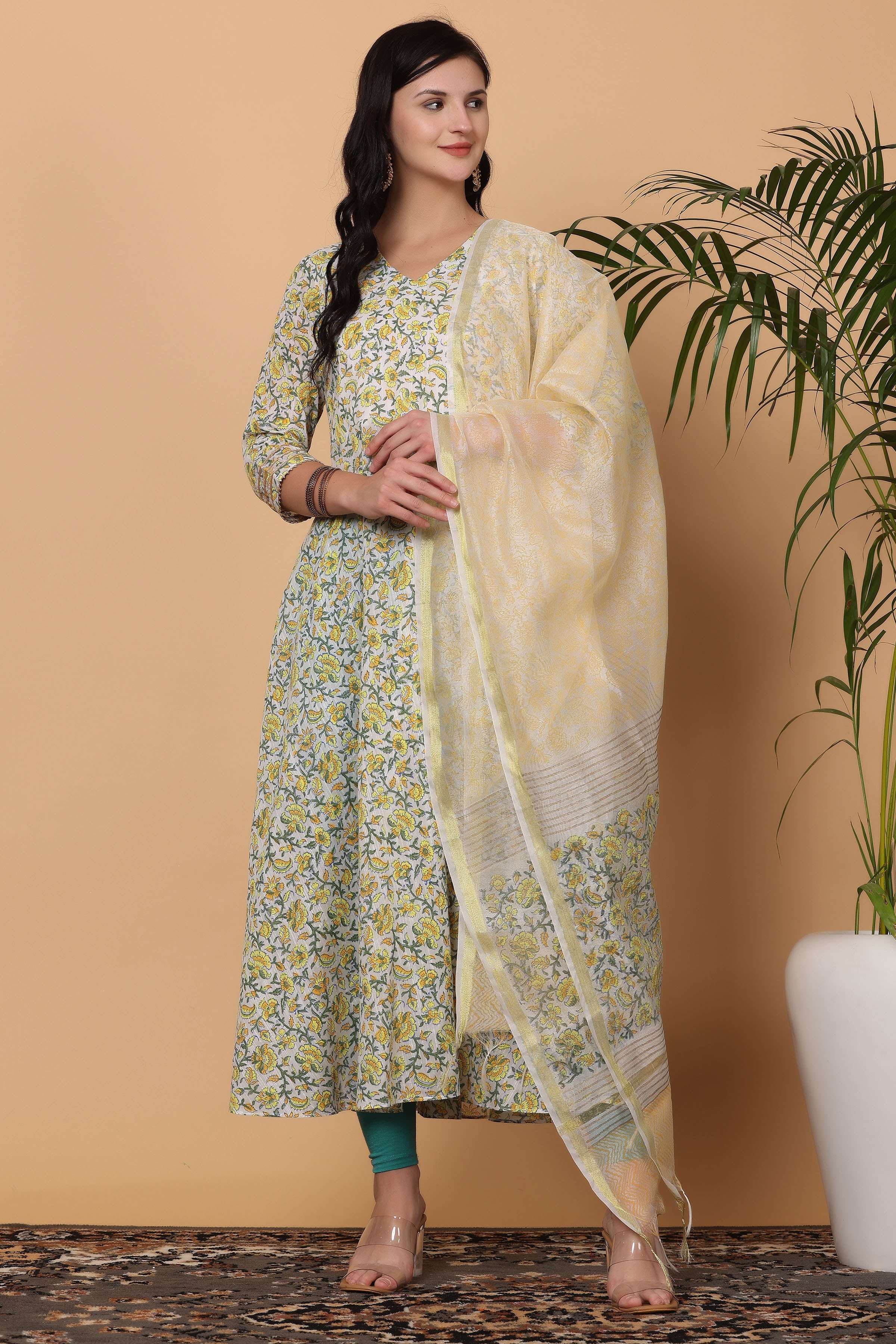 Kaanchie Nanggia Multi-Color Cotton Printed Anarkali Kurta Dupatta with Leggings (Set of 3)