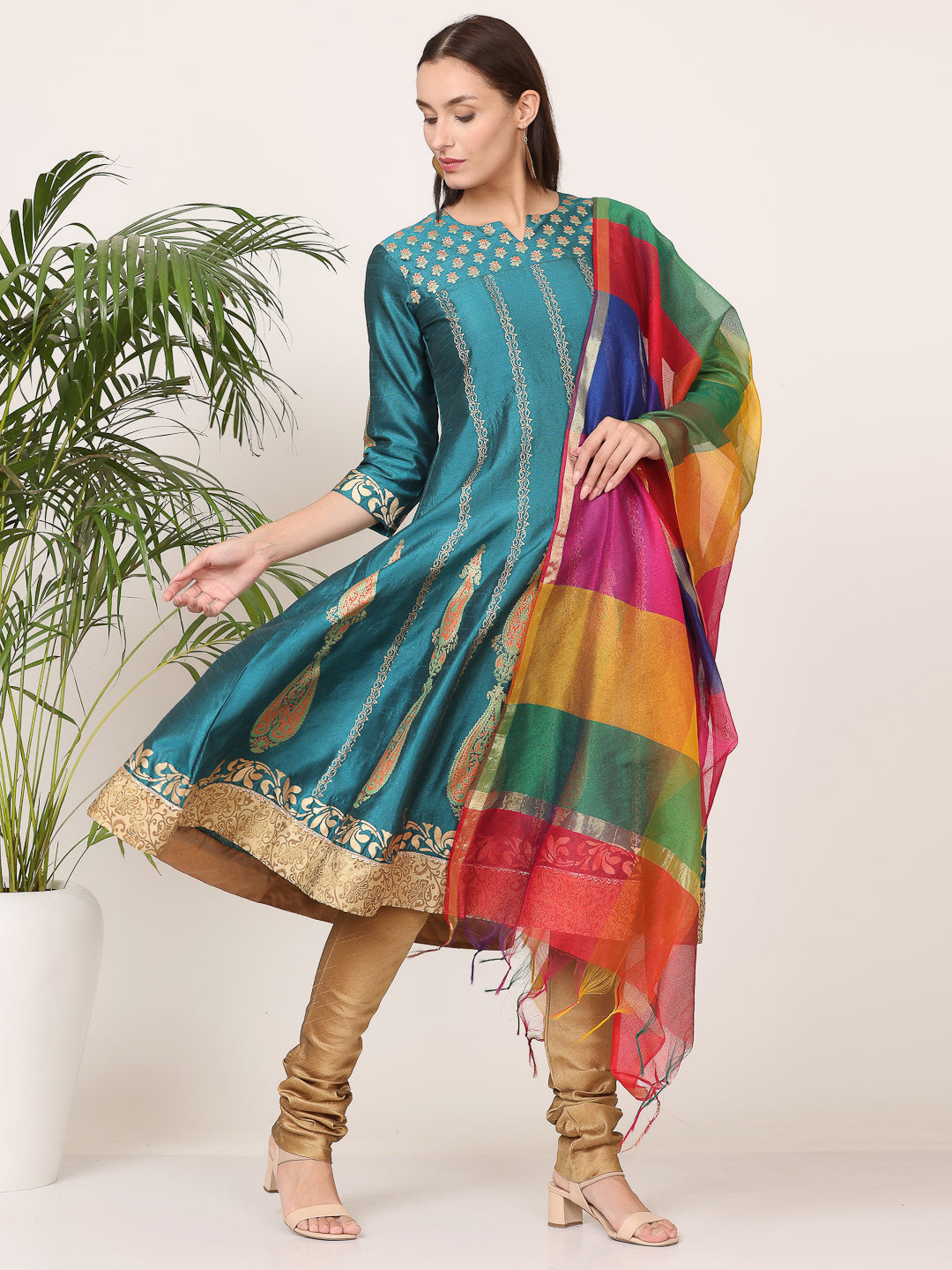 Kaanchie Nanggia Dark Green Silk Printed Anarkali Churidar with Dupatta (Set of 3)