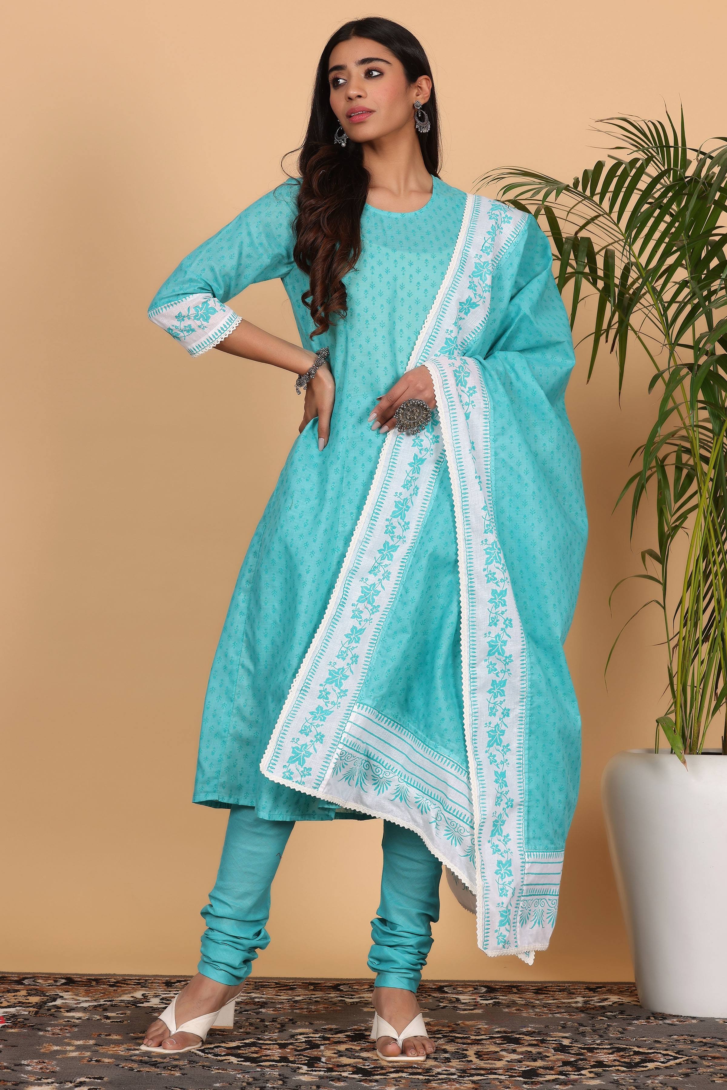 Kaanchie Nanggia Turquoise Printed Kurta Dupatta with Churidar (Set of 3)