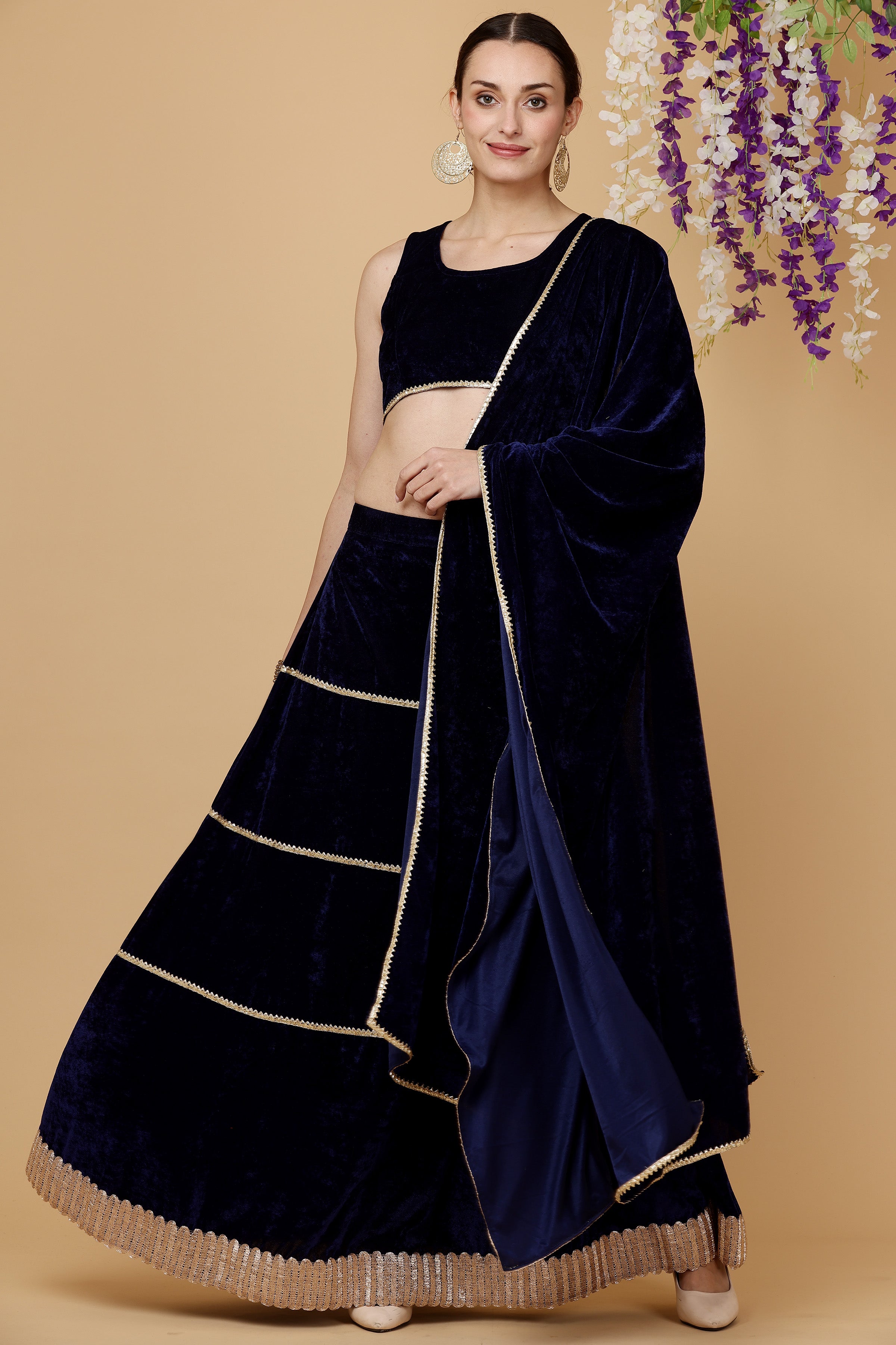 Kaanchie Nanggia Navy blue velvet skirt blouse with dupatta