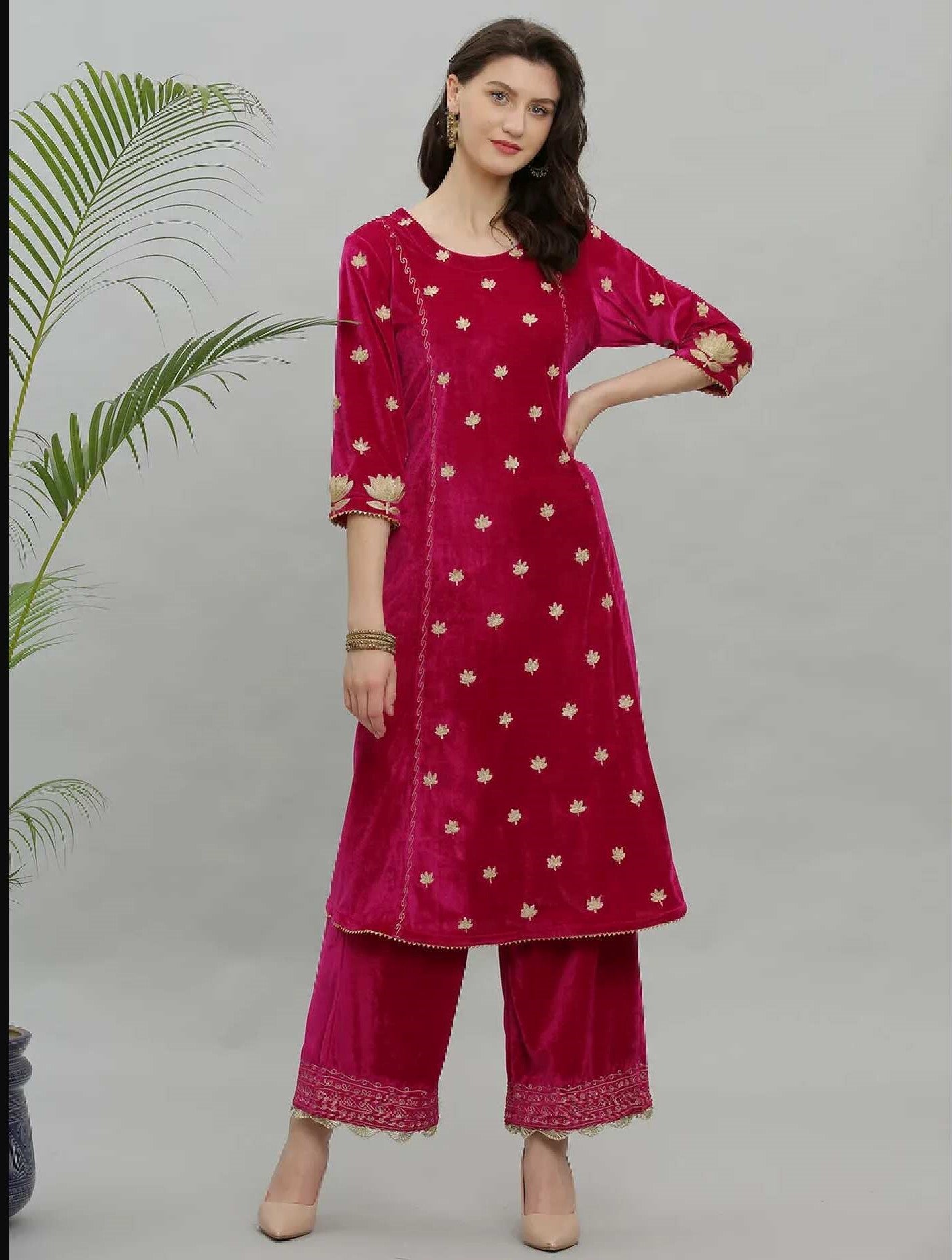 Kaanchie Nanggia Pink Embroidery Velvet Kurta Pallazo - (Set of 2)