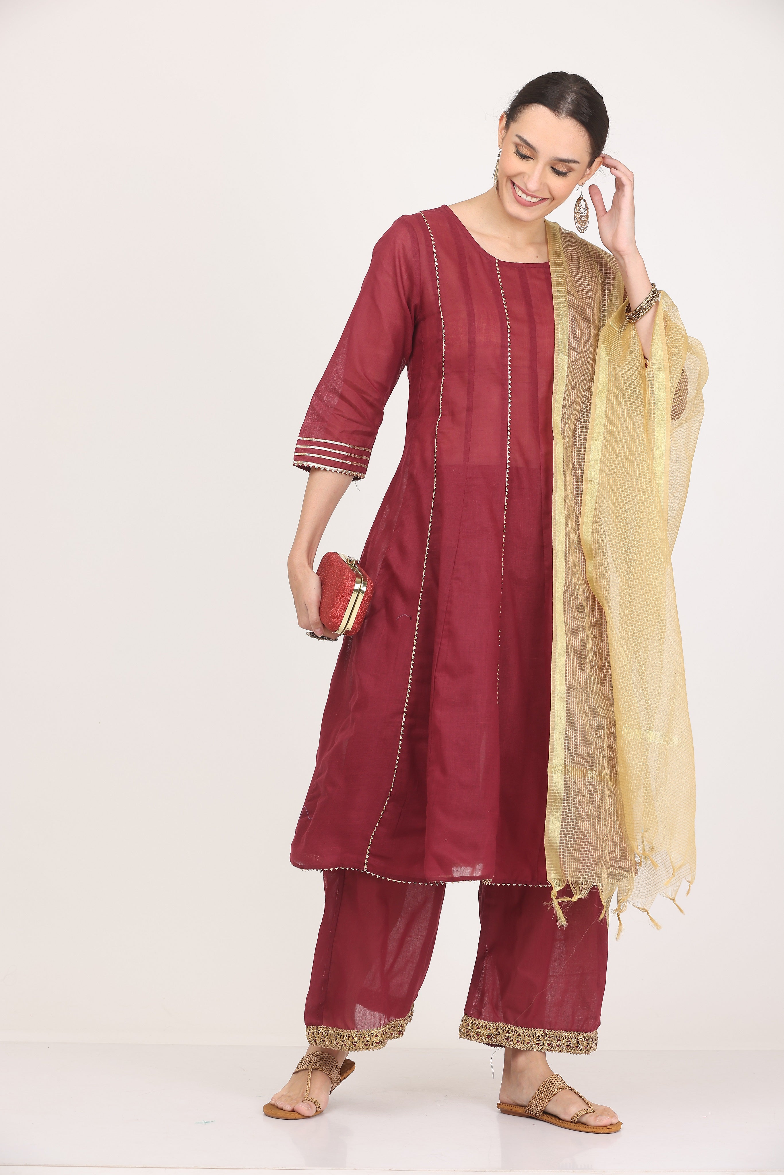 Kaanchie Nanggia Maroon Gota Work Kurta Palazzo with Dupatta (Set of 3)
