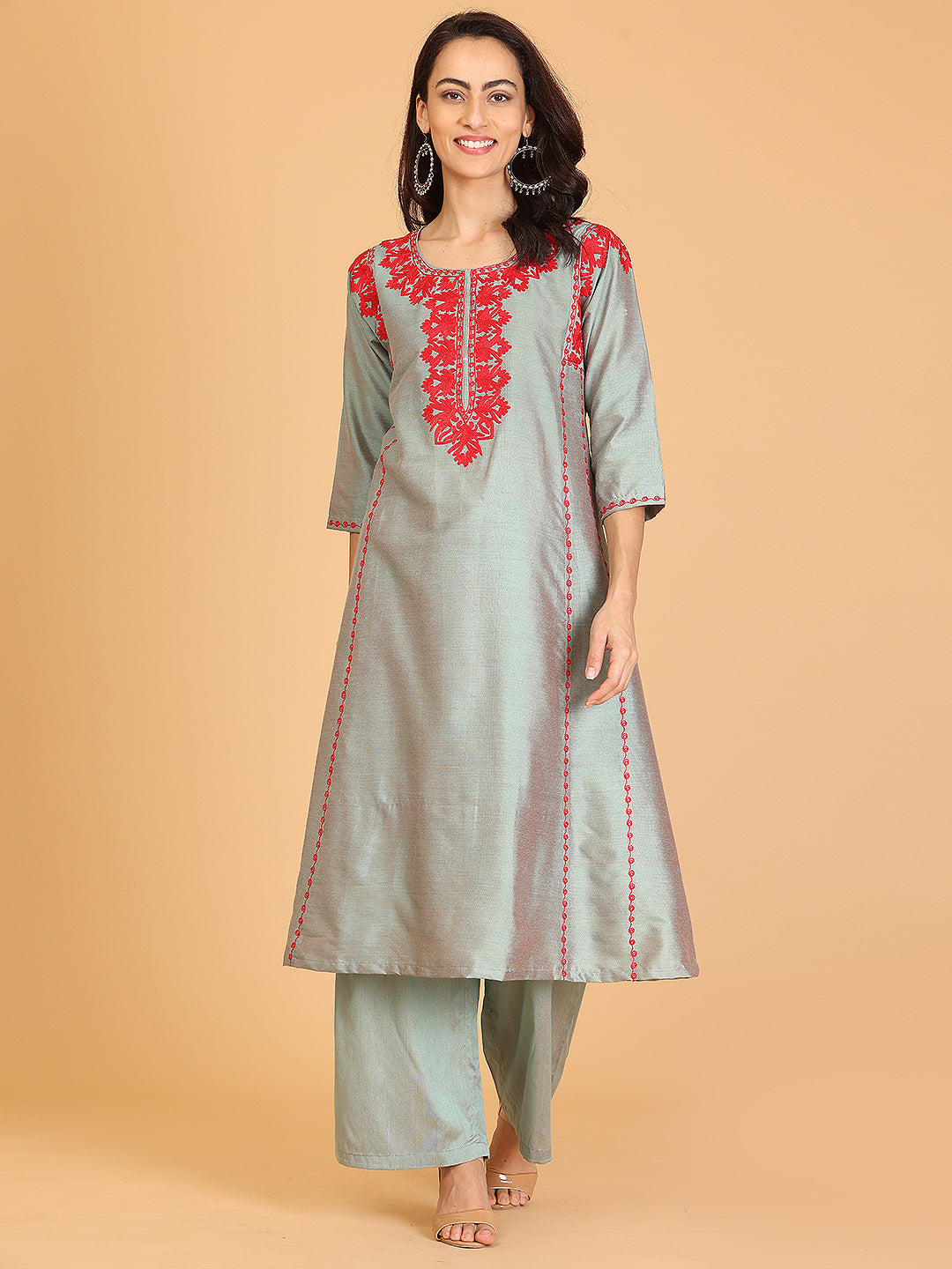 Kaanchie Nanggia Grey Embroidered Cotton Silk Flayred Kurta and Palazzo (Set of 2)