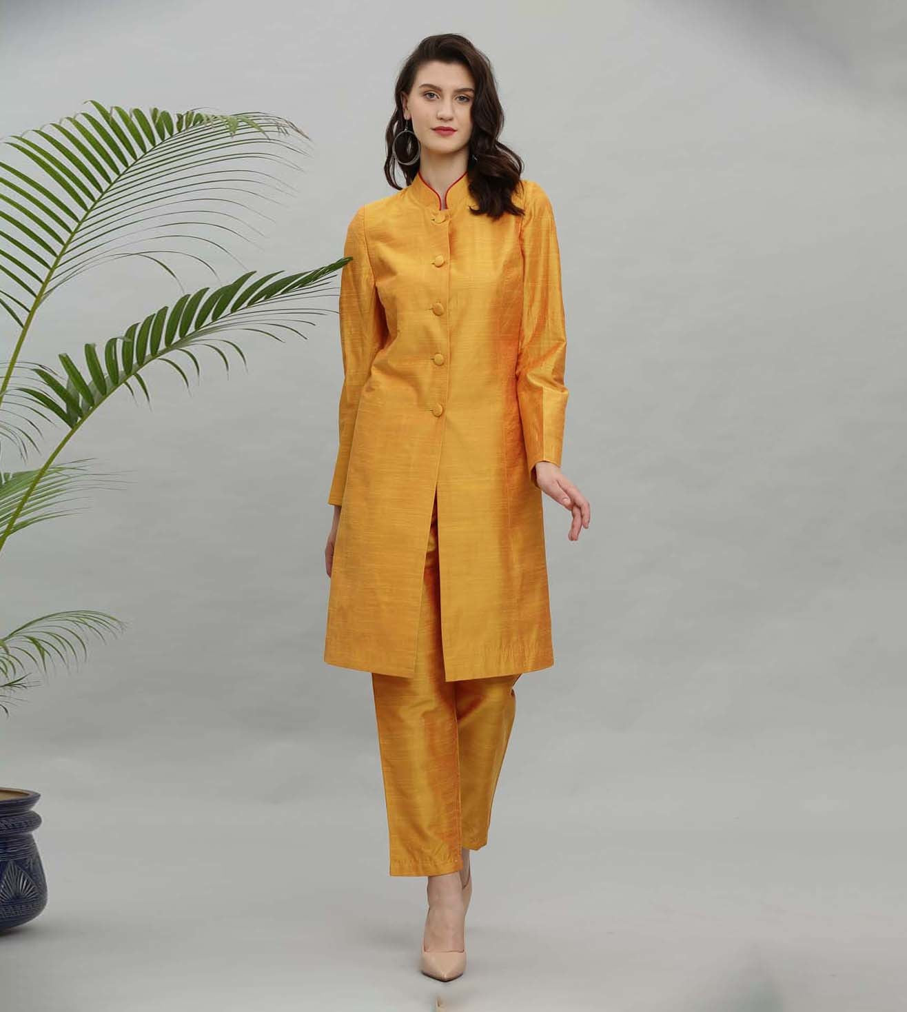 Kaanchie Nanggia Yellow Solid Jacket Kurta And Pant - (Set of 2)