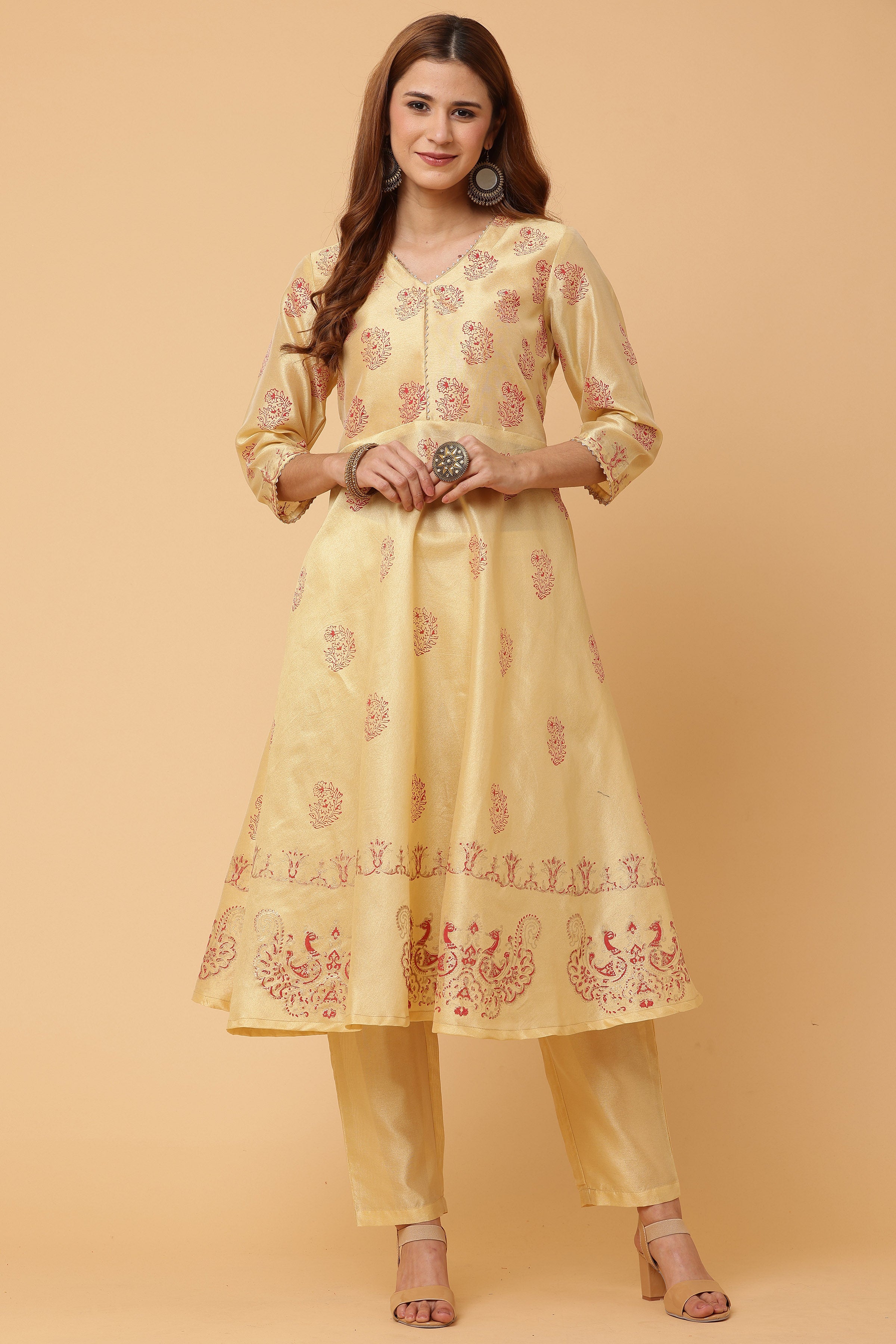 Kaanchie Nanggia Beige Flared Printed Kurta with Pant (Set of 2)