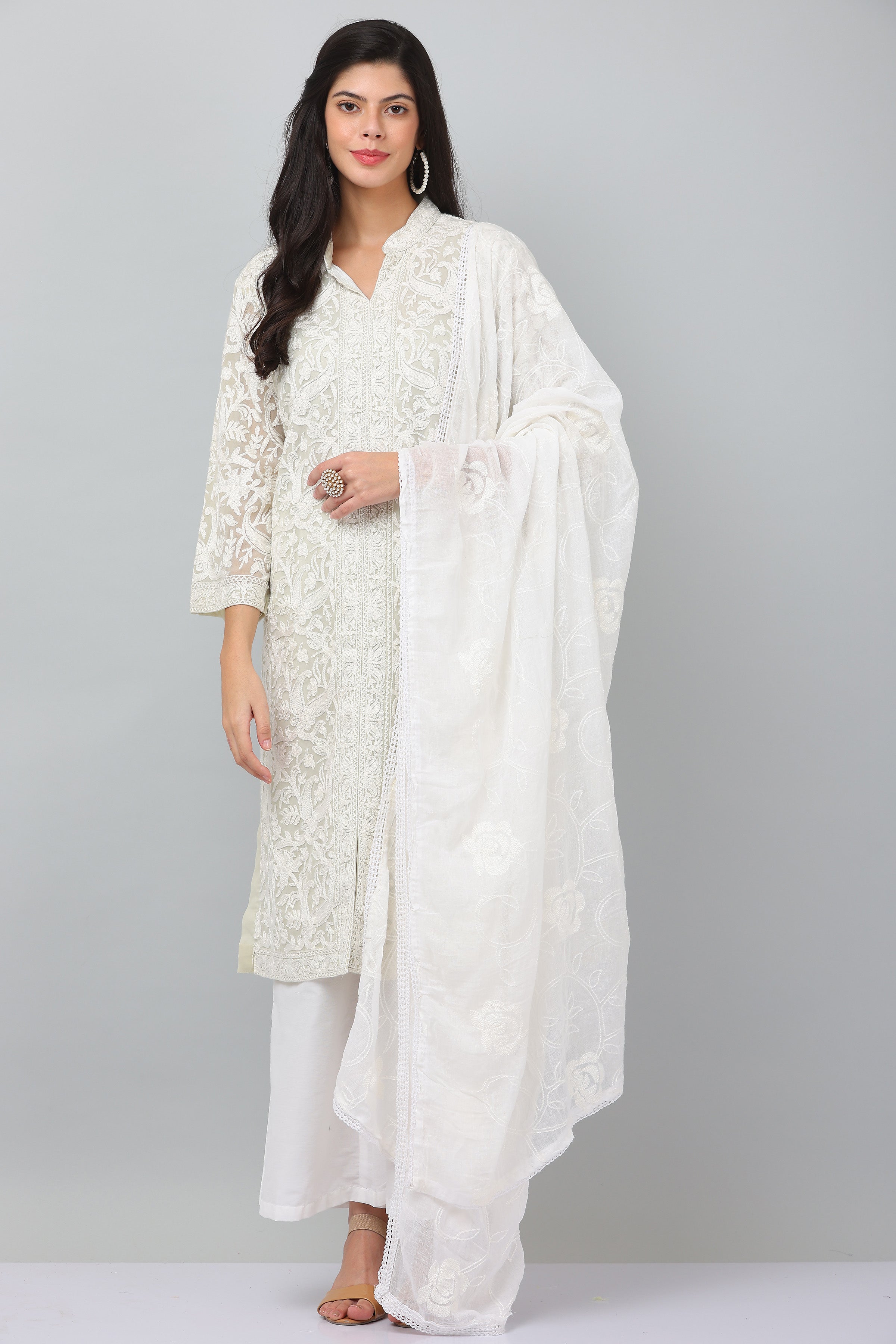 Kaanchie Nanggia Cream Georgette Embroidered Kurta & Dupatta with Pant (Set of 3)