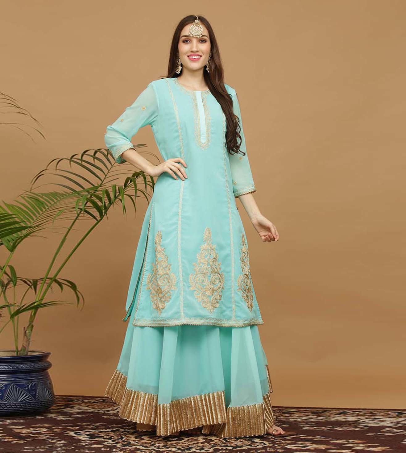 Kaanchie Nanggia Turquoise Embroidery Georgette Kurta with Skirt (Set of 2)