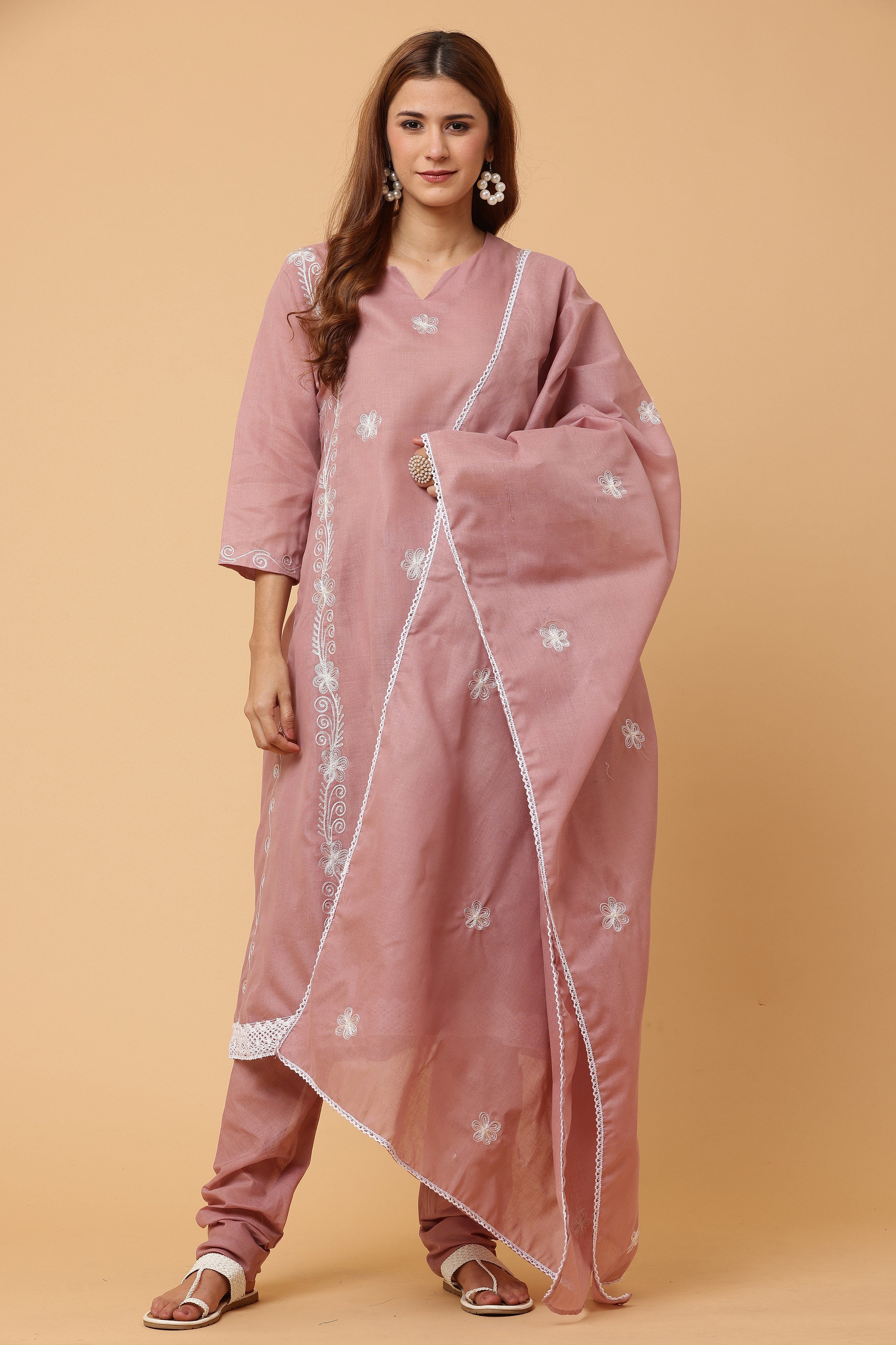 Kaanchie Nanggia Dusty Peach Kalidar Emb Kurta Chudidar with Dupatta (Set of 3)