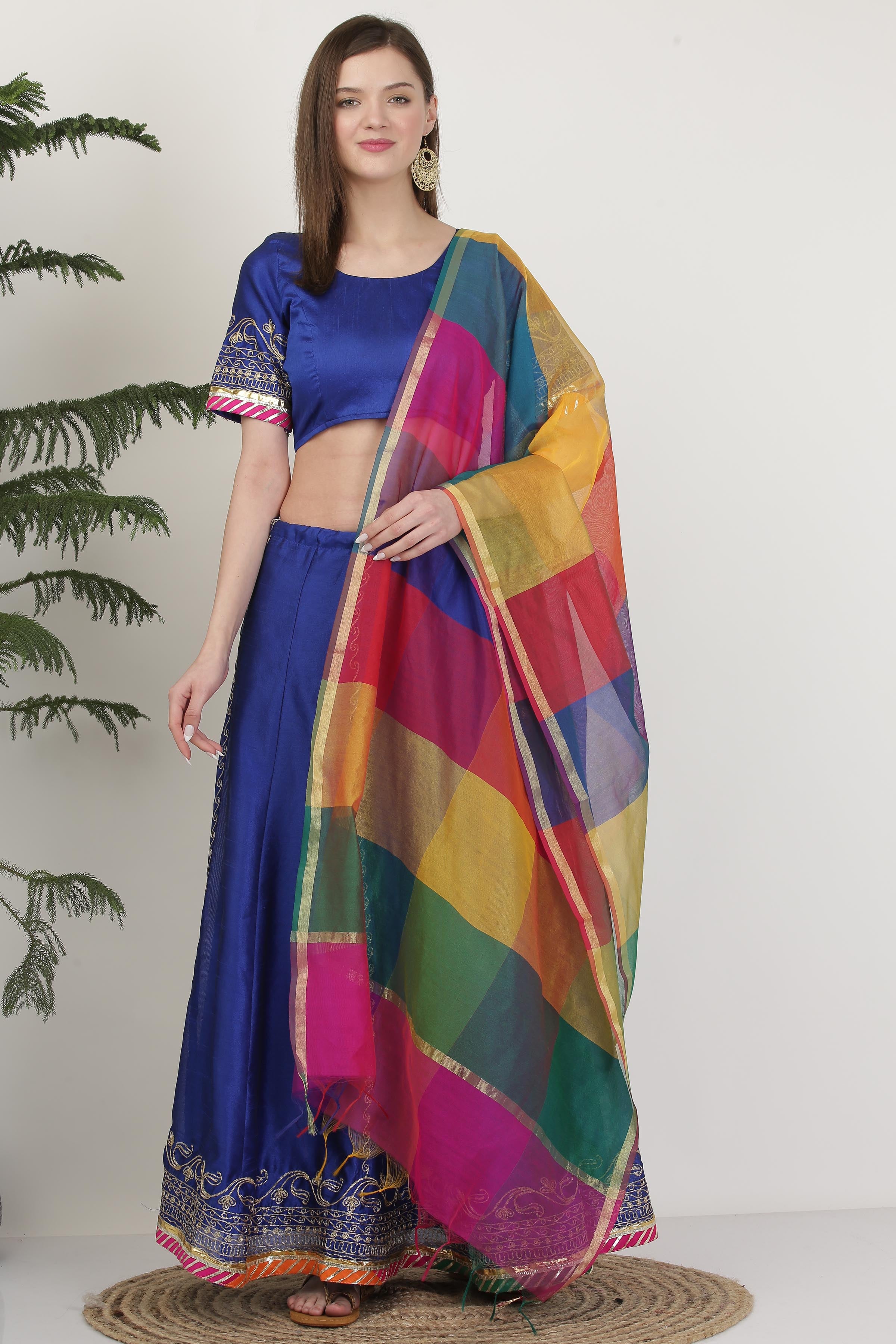 Kaanchie Nanggia Poly Silk Blue Embroidery Lehenga (Set of 3)