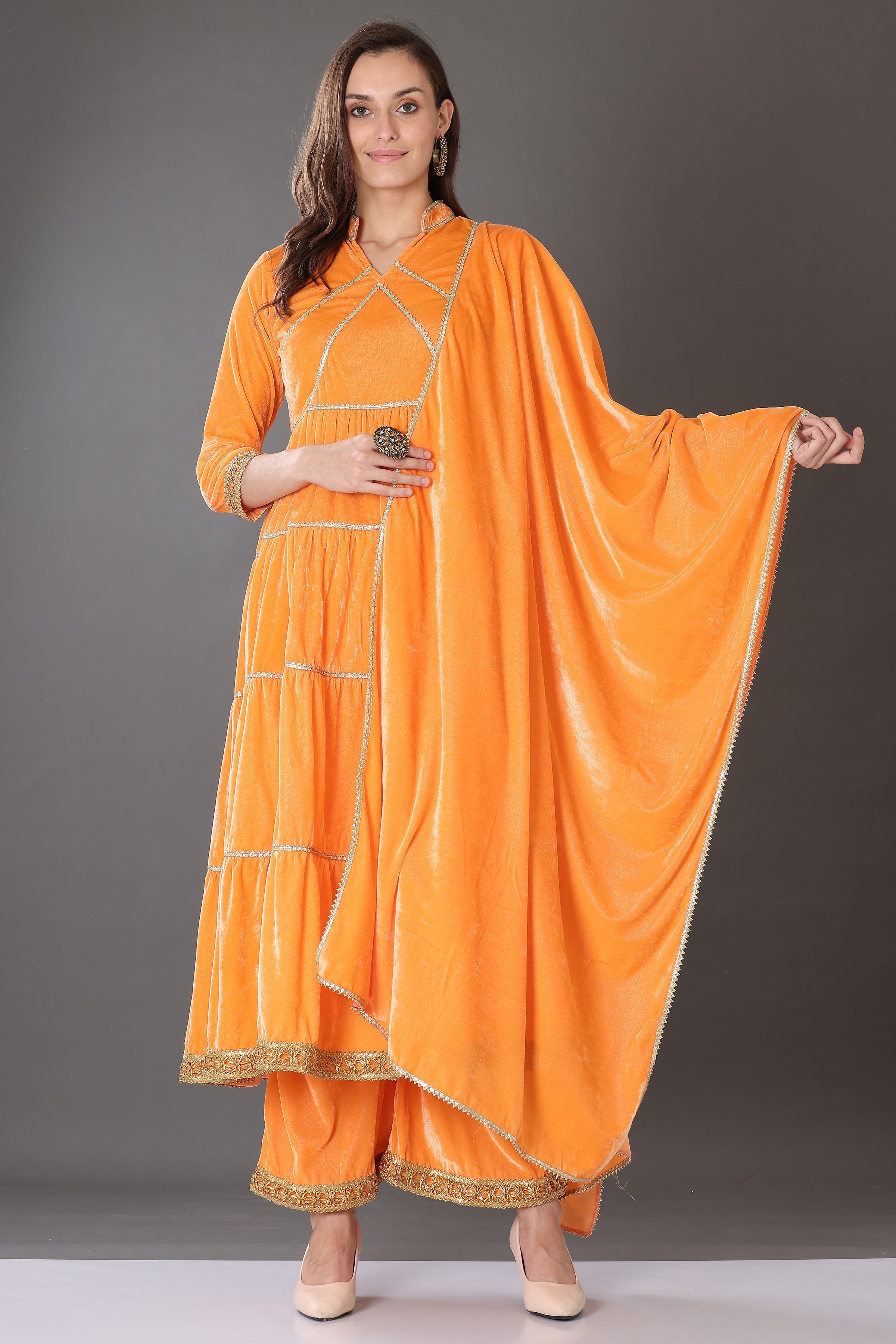 Kaanchie Nanggia Orange Velvet with Gota Patti Work Flared Kurta Palazzo & Dupatta (Set of 3)