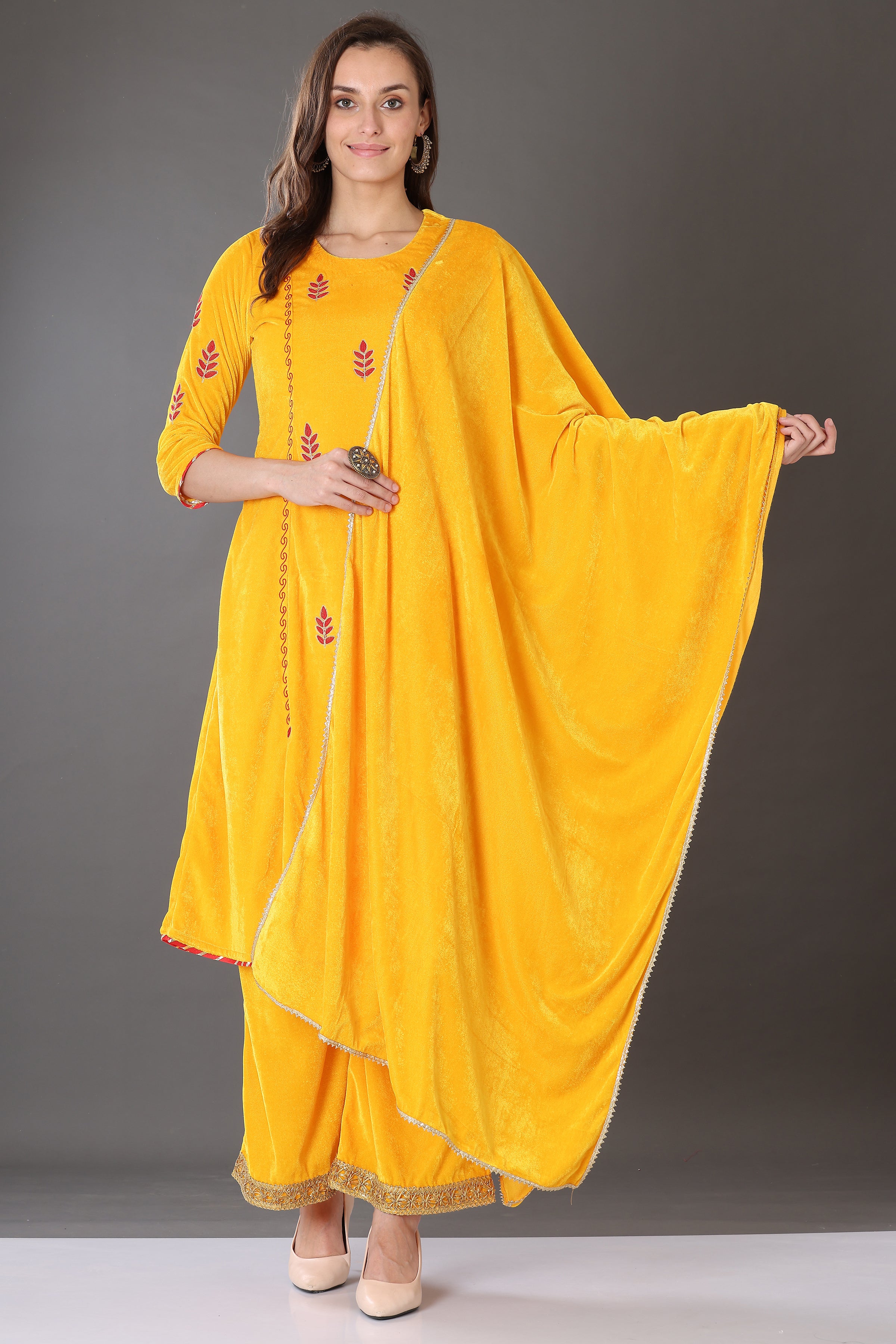 Kaanchie Nanggia Yellow Velvet Embroidered Kurta Palazzo and Dupatta (Set of 3)