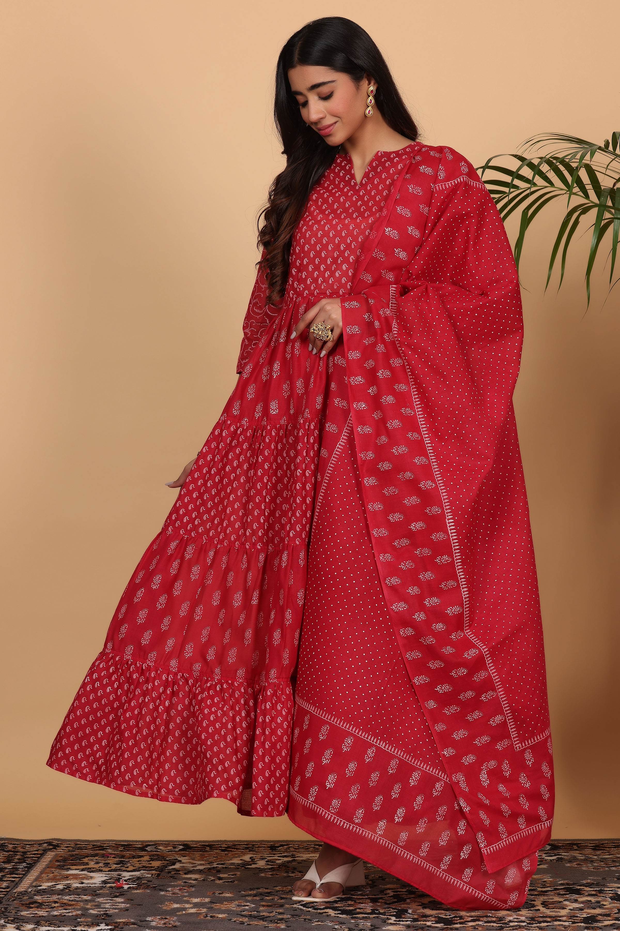 Kaanchie Nanggia Maroon Cotton Printed Anarkali Kurta Dupatta with Churidar (Set of 3)